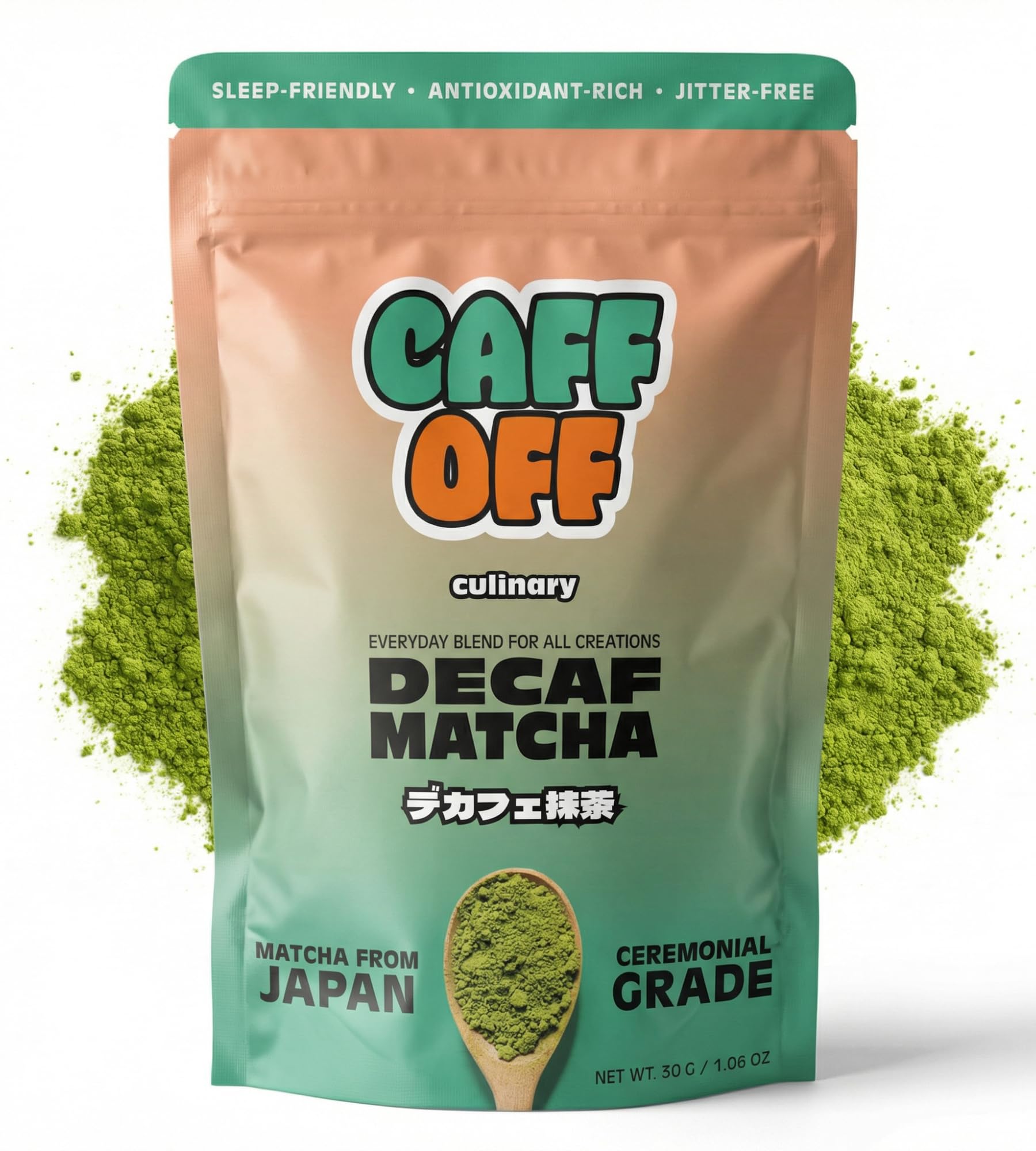 Caff Off Decaf Matcha Green Tea Powder From Japan - 1.06 oz / 30 g - Culinary Grade - Naturally Decaffeinated Using No Chemicals - Tested For Heavy