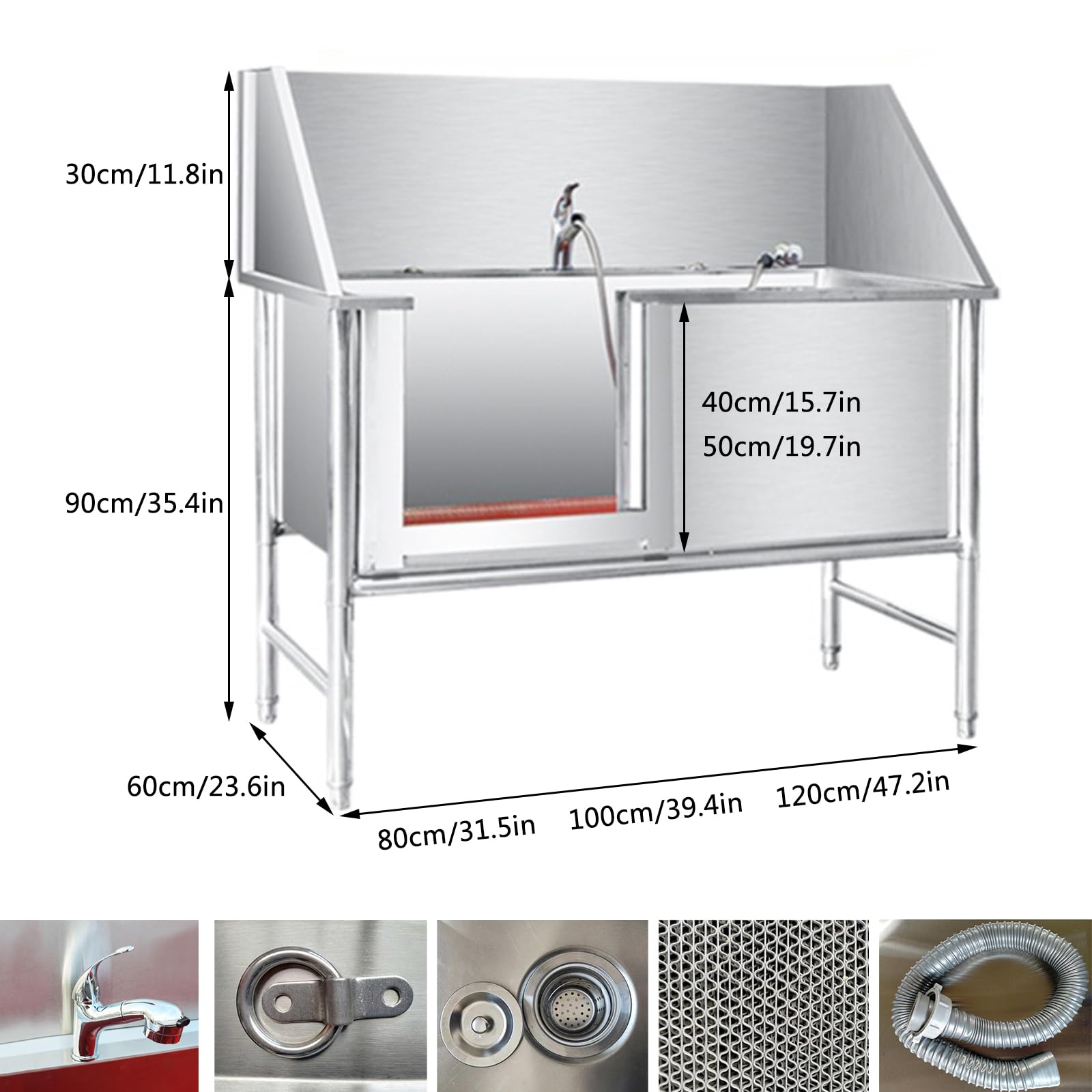 Bañera para Perros,bañera Profesional de Acero Inoxidable,Bañera Peluquería Canina,Bañera de Acero Inoxidable para Mascota,Estación de baño para Perros,con Ducha Pet Bath Tub Dog Grooming(40in/100cm,D