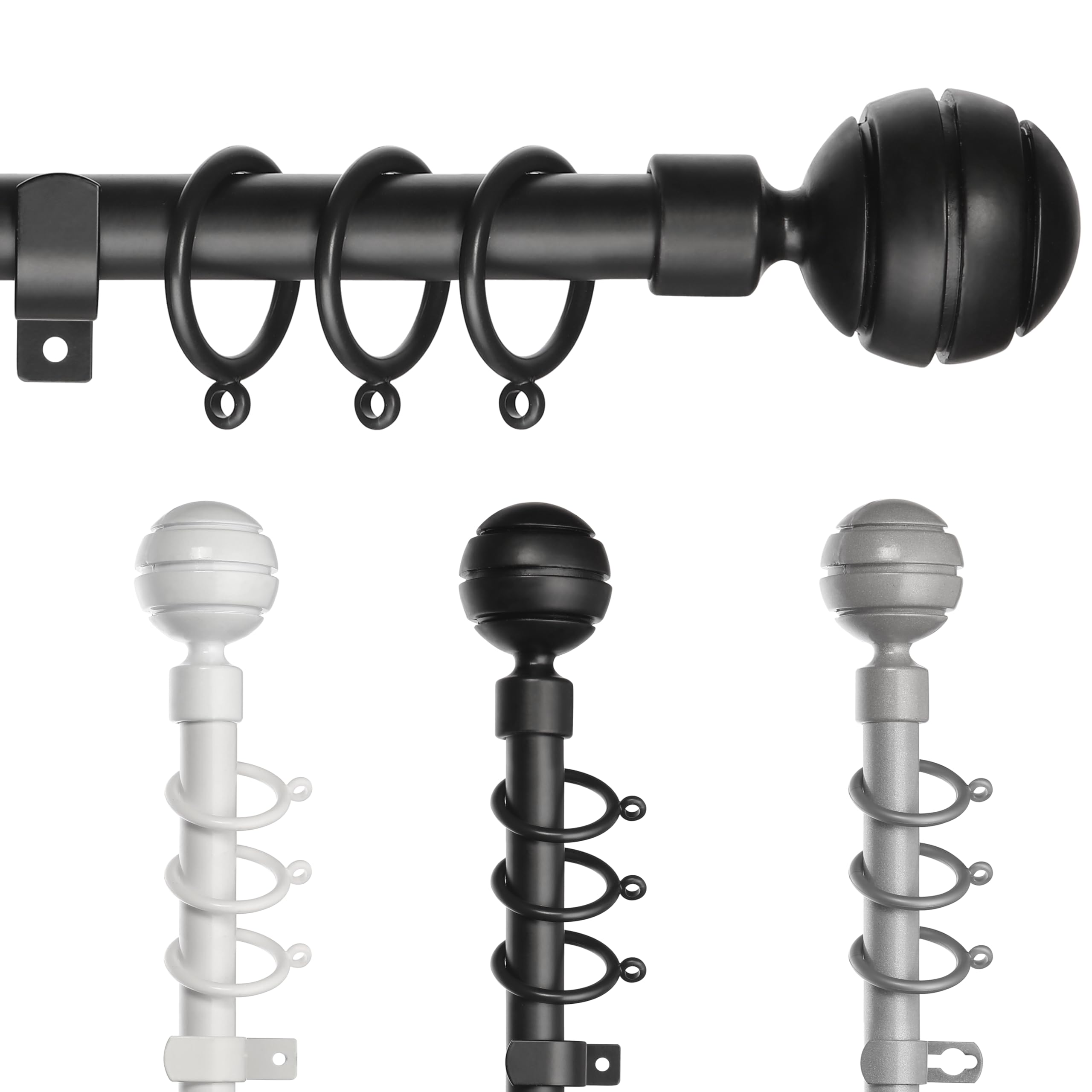 STRIPE BALL Curtain Poles for Window, Metal Extendable Curtain Poles Heavy Duty Curtain Rod Includes Finials, Rings, Brackets & Fittings Set (Black, 120cm to 210cm)