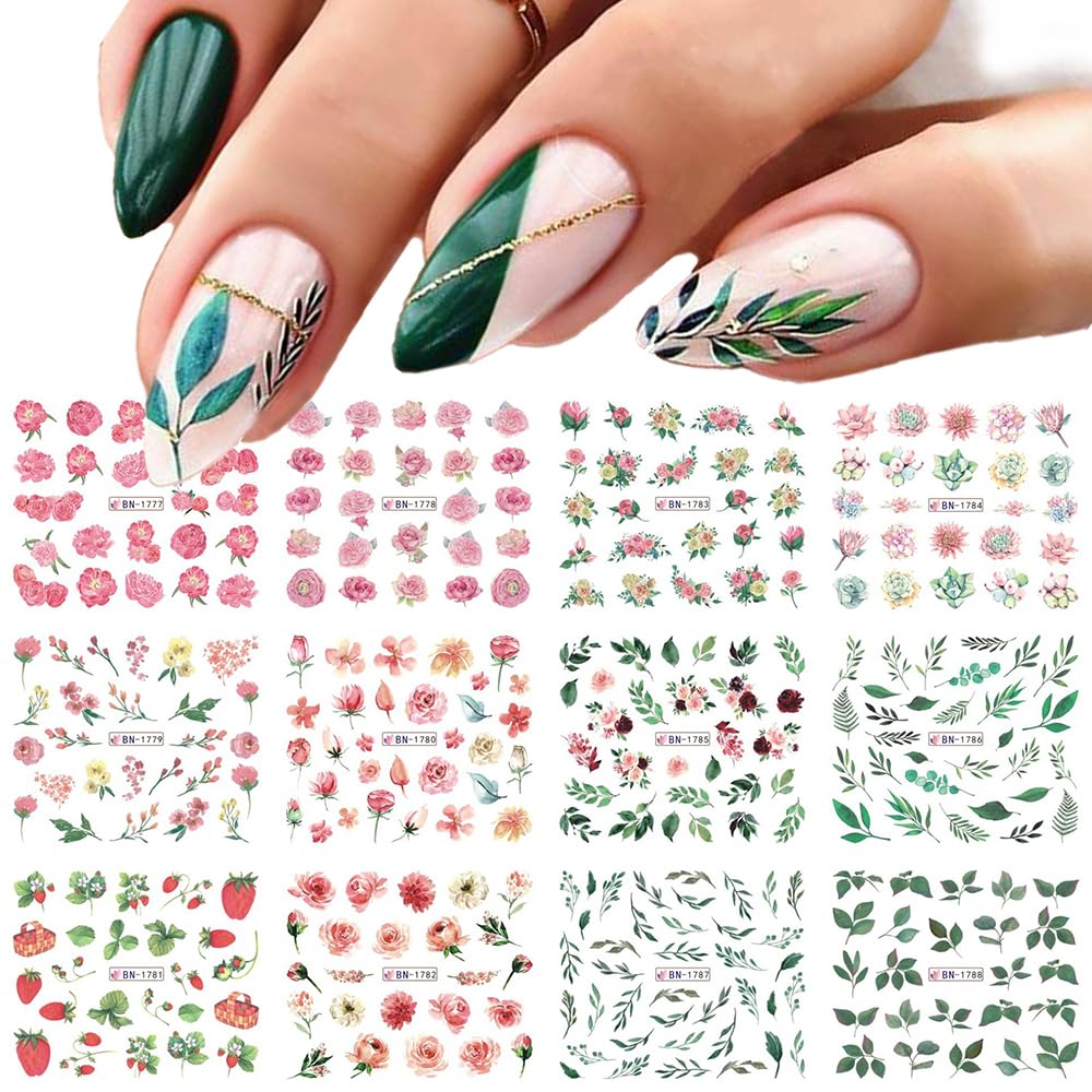 S.A.V.I Floral Nail Art Decals – 12 Sheets Water Transfer Stickers for DIY Manicure