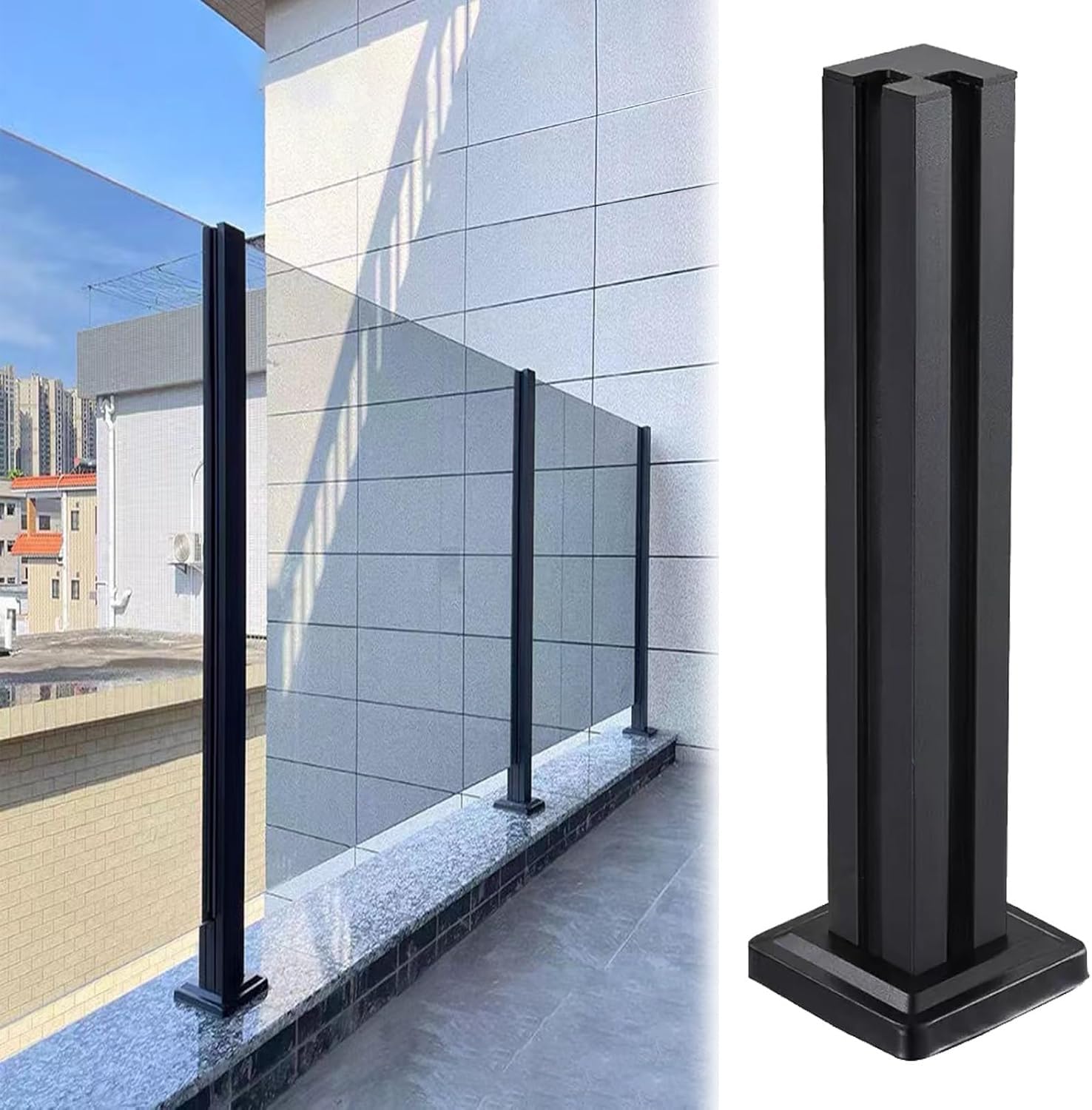Regulowana szklana balustrada ze stali nierdzewnej od 60 do 130 cm ze wzmocnioną podstawą i słupkiem narożnym (75 cm), czarna