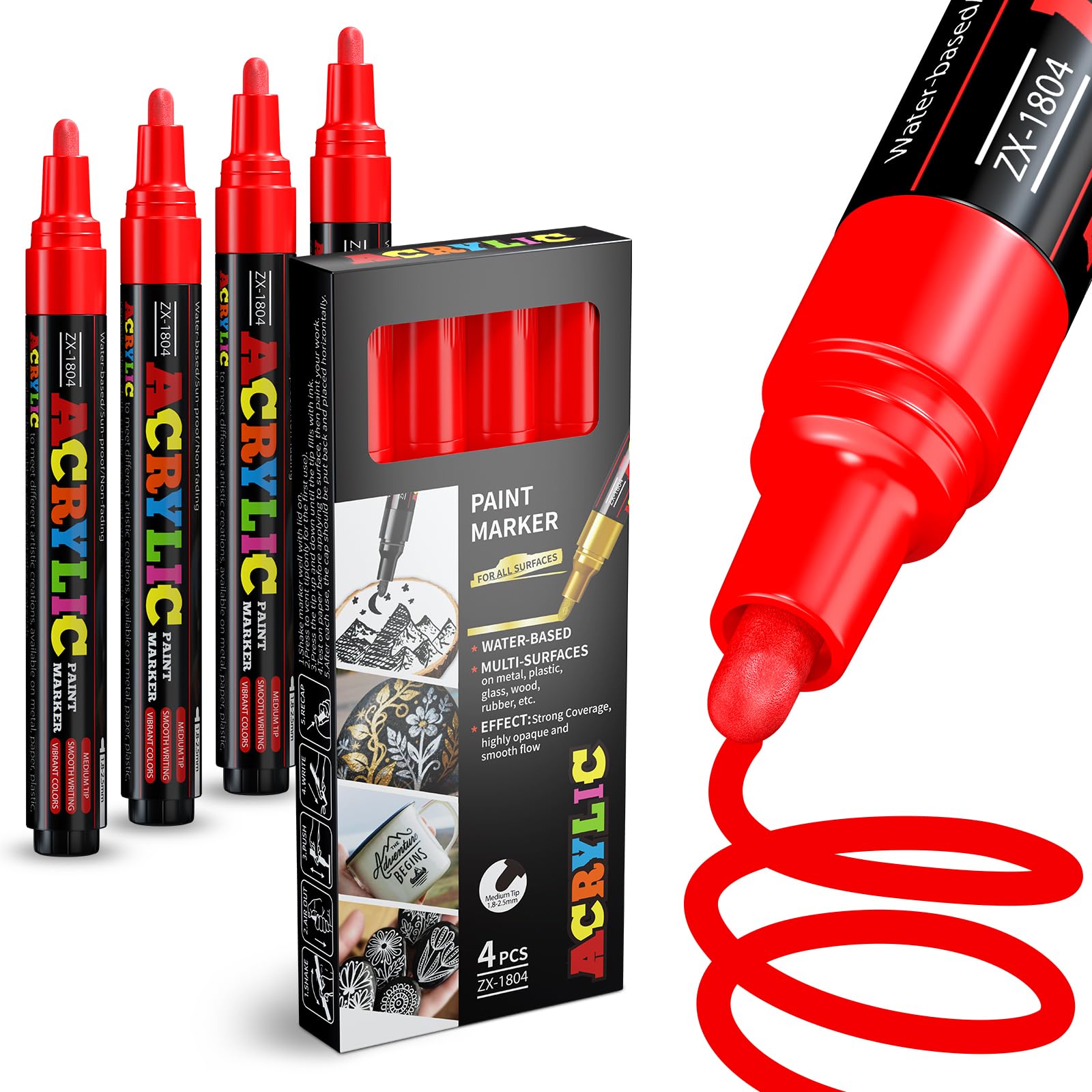 Alitastro Red Paint Marker Pens - 4 Pack Medium Tip Acrylic Paint Markers, Waterproof & Quick Drying Water-based Marker Pen for Rock Painting, Tires, Wood, Plastic, Canvas, Mugs, Stone
