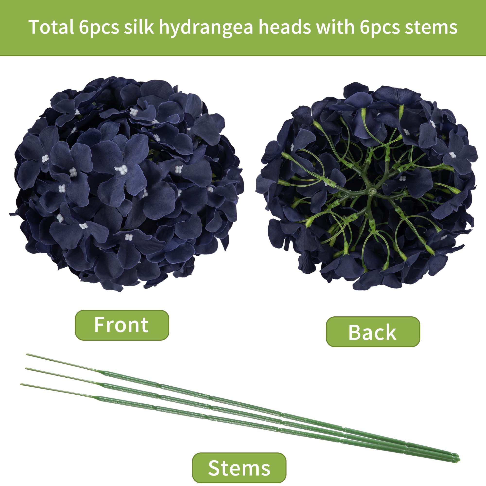 DuHouse Artificial Bigger Silk Hydrangea Flower Heads with Stem Realistic Fake Hydrangea Flower Bouquets for Wedding Home Party Garden Centerpiece Pack of 6(Navy Blue) - Image 3