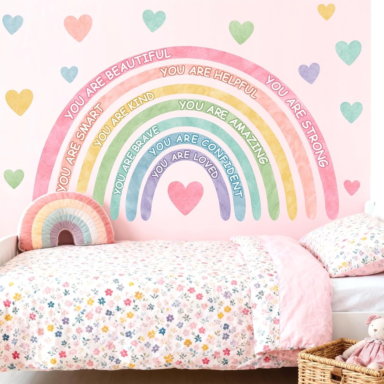 Large Rainbow Wall Stickers Kids Inspirational Wall Decal for Girl Bedroom Peel and Stick Watercolor Rainbow Wall Decals Pastel Pink You are Decor Vinyl Positive Art Murals for Baby Bedroom Playroom