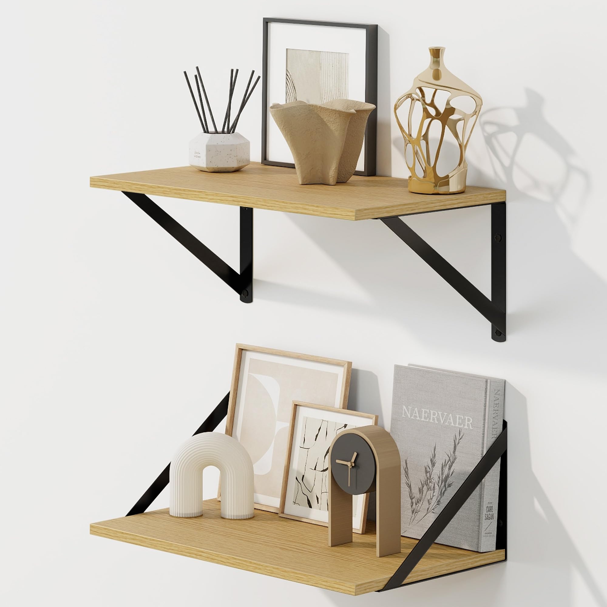 Fun Memories Deep Floating Shelves for Wall, 40 x 20 cm Wall Mounted Shelves Set of 2, Wide Display Ledge Shelf with Sturdy Metal Brackets for Living Room, Bathroom, Bedroom and Kitchen, Oak — image 1