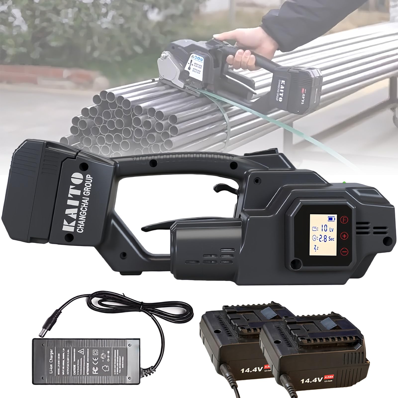 YXYLJOZ Portable Electric Strapping Machine for 7-19mm PP/PET Straps, 4000mAh Battery-Powered Automatic Banding Tool with Digital Display for Packaging Boxes & Pallets (2 Battery)