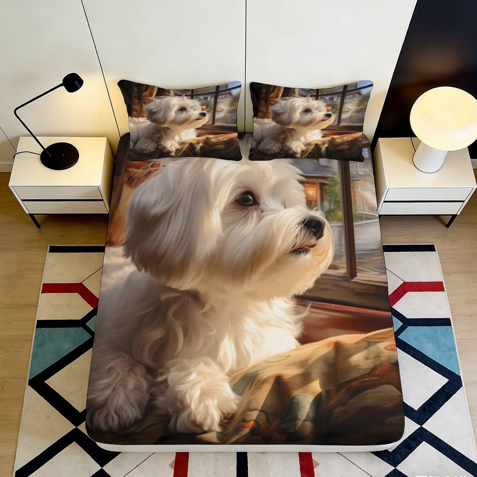 3D Printed Puppy Pattern Fitted Sheet Microfiber Deep Pocket Non-Slip Bedroom Bedding Puppy Mattress Fitted Cover for Adults Teens 140x200x25cm