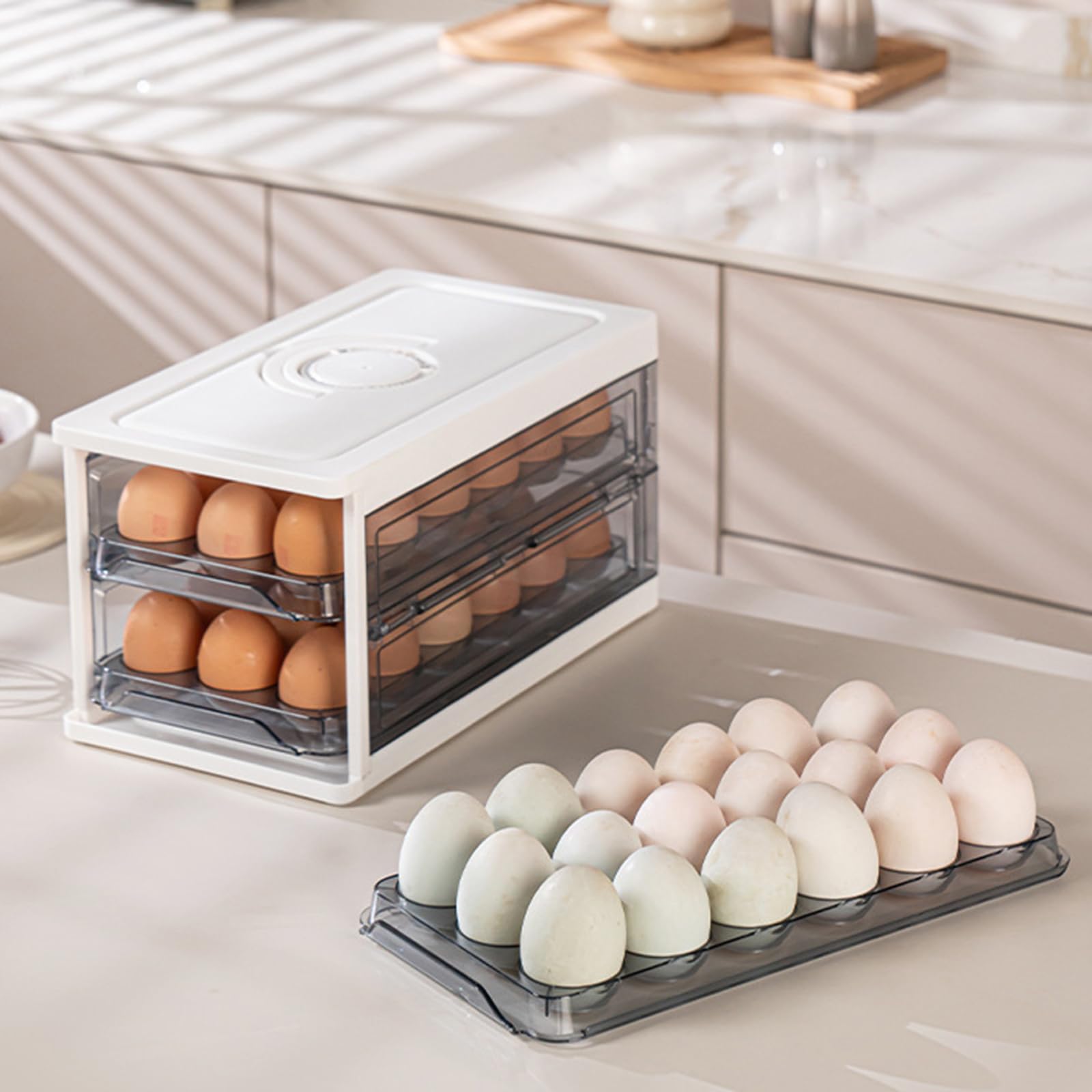 Soporte de almacenamiento de huevos para nevera, 32 recipientes con asa de tapa para refrigerador, bandeja de huevos para cocina, organizadores y soporte