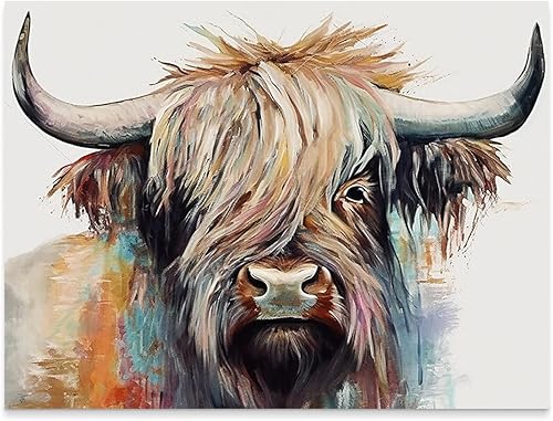 Miniatura 2 de DOARTDO Lienzo de vaca de las tierras altas, pintura abstracta de vaca, imágenes de animales coloridos, decoración de pared, impresiones de vacas de