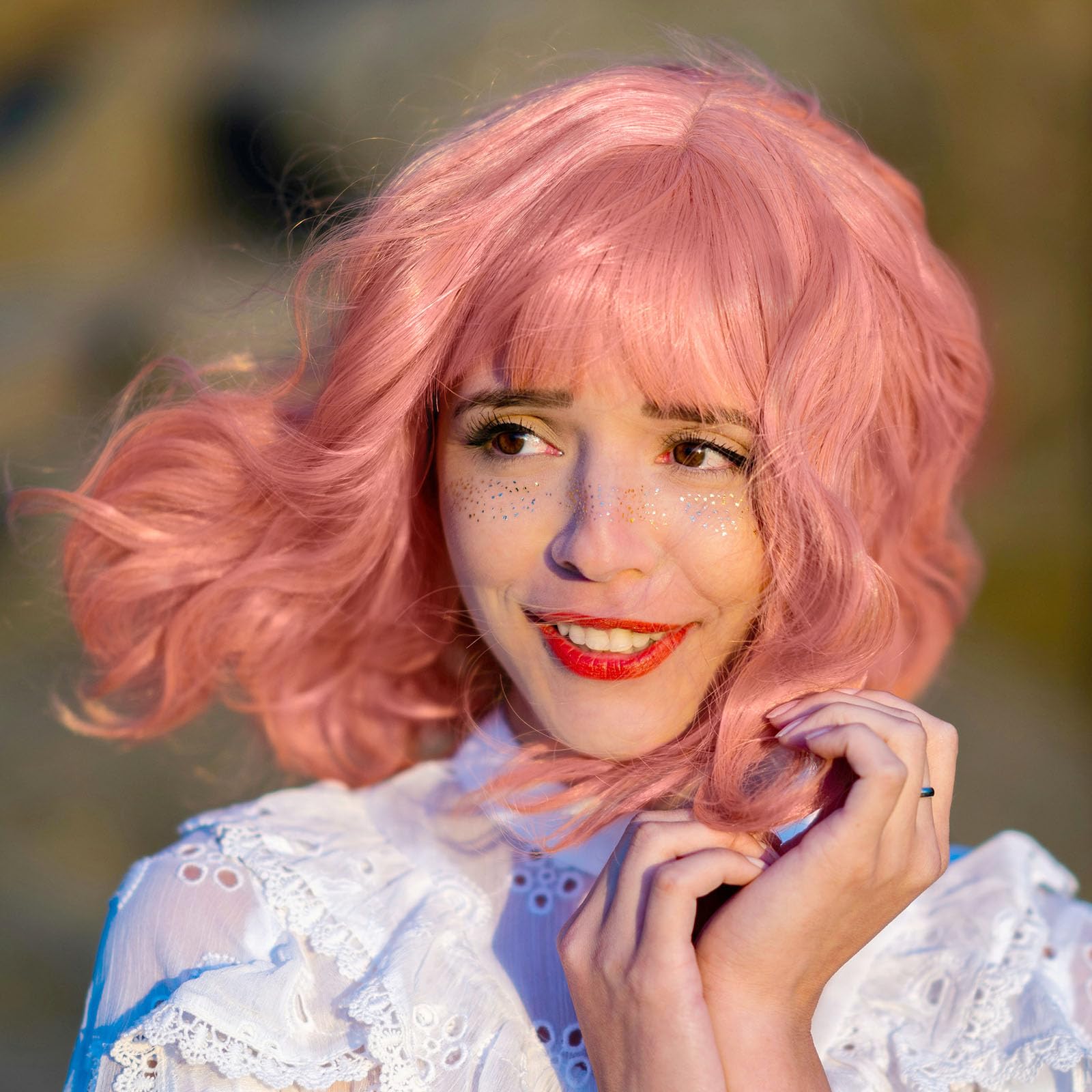 BUYOGET Wavy Bob Wig with Bangs Synthetic Hair Shoulder Length 12 Inch Short Curly Wigs for Women Natural Pink