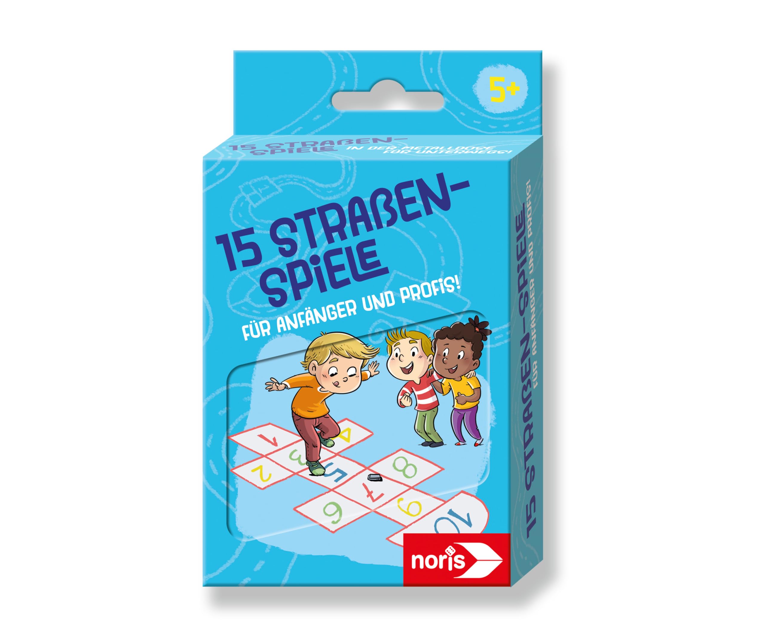 noris 15 Straßen-Spiele mit Kreide für Kinder ab 5 Jahre - Set aus bunter Straßenmalkreide und Spiel-Anleitungen in Blechdose, Outdoor-Spielzeug für Anfänger und kleine Profis