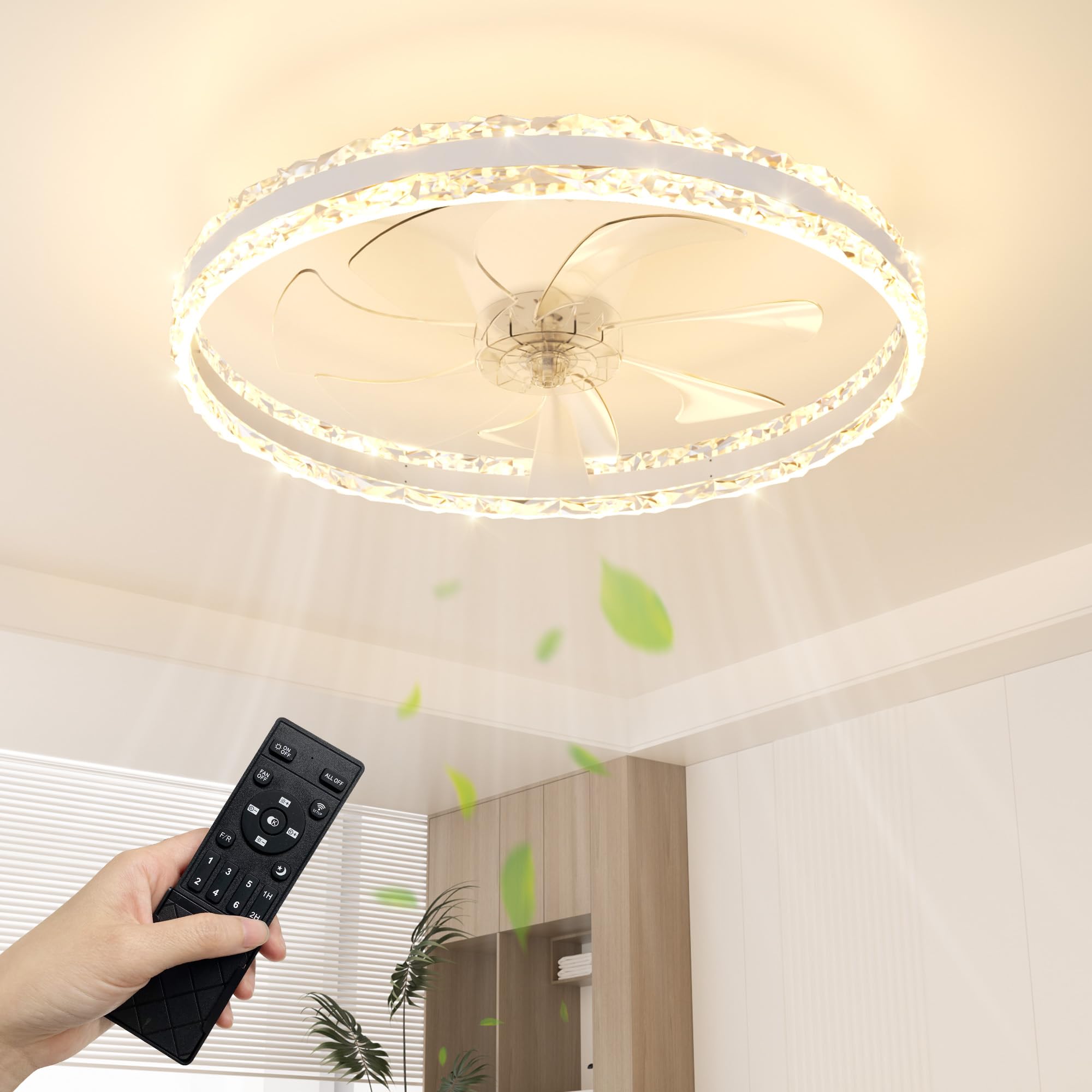 NIORSUN 60cm Ceiling Fan with Lights & Remote, 5000LM Dimmable LED, 3 Colours Ceiling Fans Lamp, 6 Speeds & Timer Ultra-Quiet Modern Fan Light for Bedroom Living Room Kitchen (White)