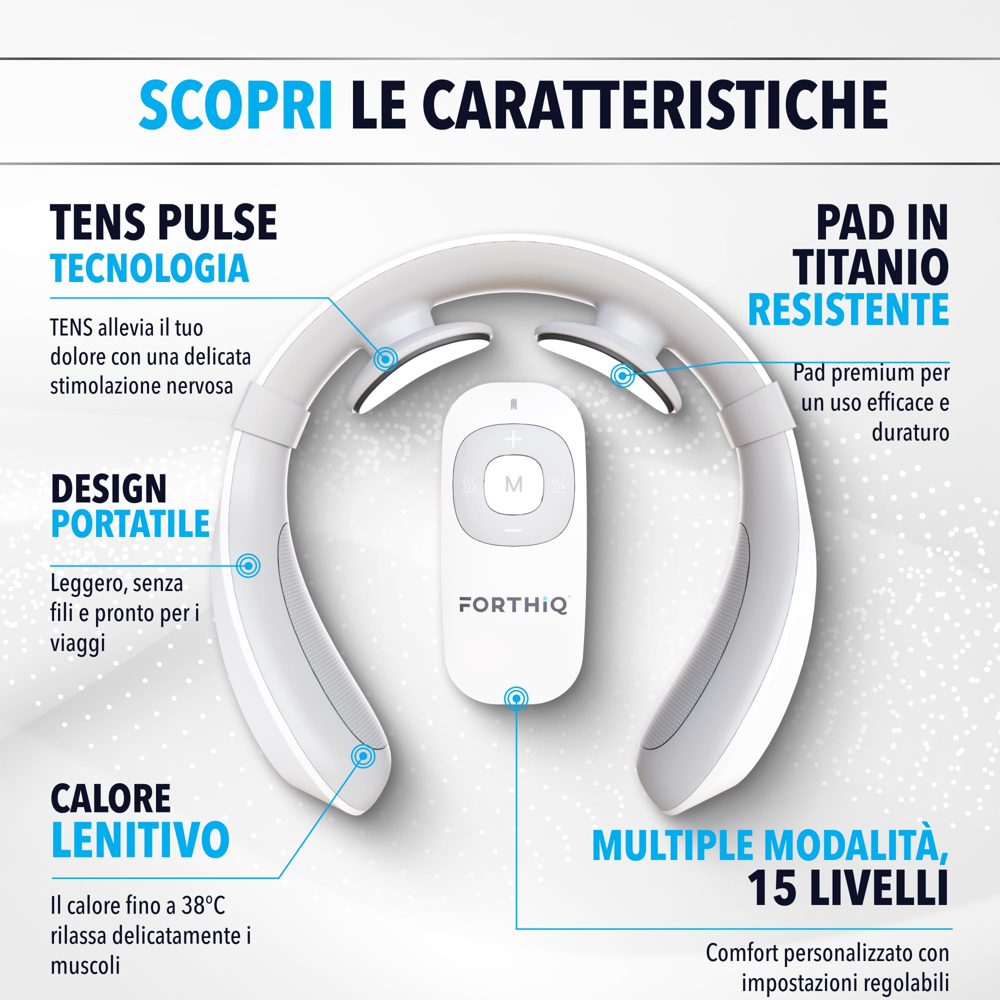 FORTHiQ Massaggiatore TENS per il Collo con Calore, Massaggiatore Elettrico per Alleviare il Dolore, 15 Livelli di Intensità, Massaggio Profondo, Portatile e Rilassante