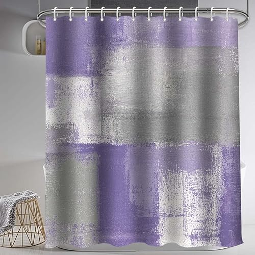 Miniatura 3 de Lnond 4 Piezas Juegos de Cortinas de Ducha de Baño Moradas con Alfombras, Arte de Pintura Púrpura y Gris Juegos de Baño con Cortina de Ducha y