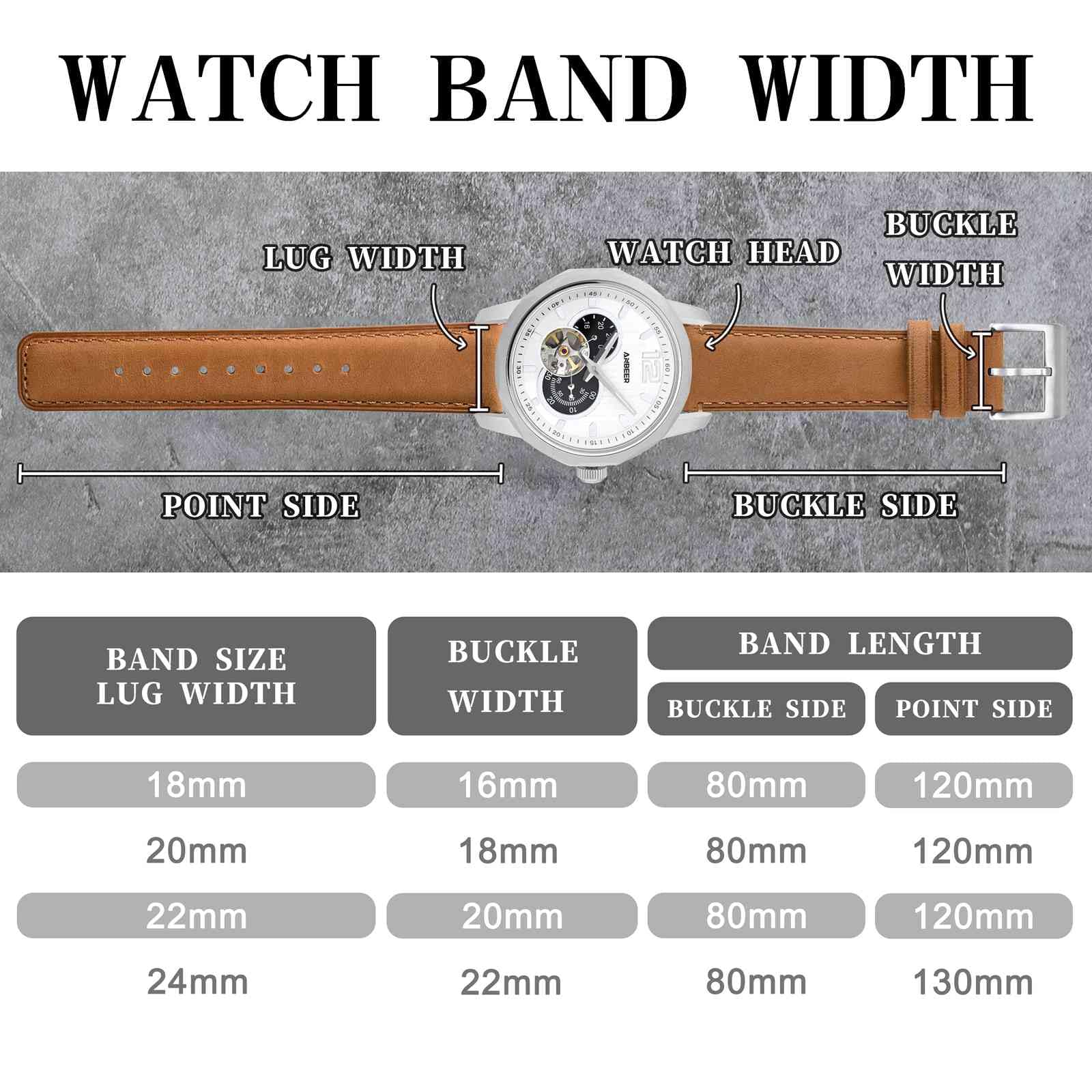 Anbeer Pasek do zegarka z prawdziwej skóry, pasek szybkiego zwalniania z klamrą ze stali nierdzewnej, dostępne rozmiary 18 mm, 20 mm, 22 mm, 24 mm