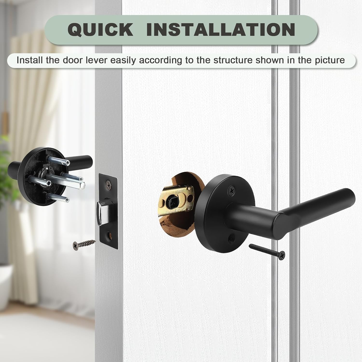 knobelite 1 Pack Black Passage Door Lever,Non-Locking Keyless Door Handle Set for Closets or Hallway,Interior Door Lock for Right & Left Side Handed,Stainless Steel