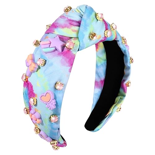 Diadema anudada para mujer, bonitos dijes de cristal adornados con estampado colorido, diadema de nudo superior, diseño de moda, diadema ancha