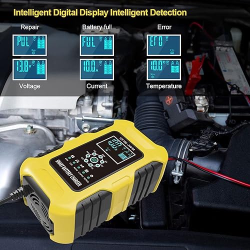 Miniatura 8 de Foxwer Cargador de batería de 10 amperios para motocicleta y coche, cargador de reparación de pulso de 12 V y 24 V, cargador rápido y mantenedor