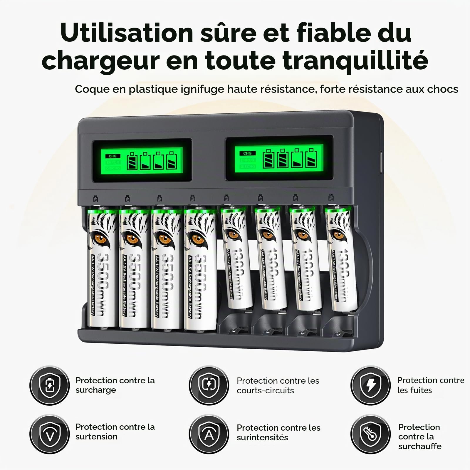 4 Piles AA 1,5 V Rechargeables avec Chargeur, 4 Piles Rechargeables au Lithium AAA avec 8 emplacements USB C Type-C Charge indépendante LCD Chargeur Rapide Intelligent pour Pile AA AAA