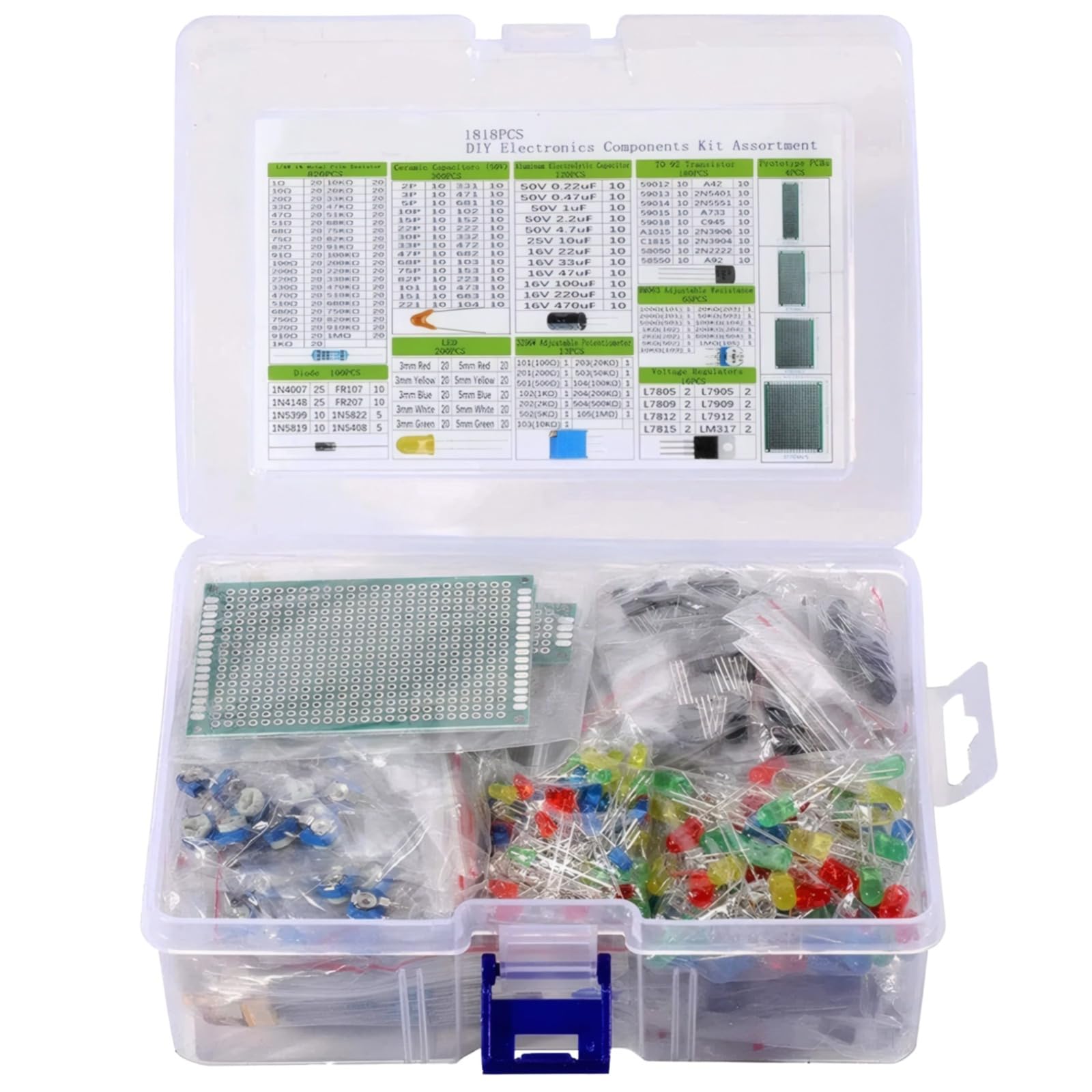 Kit de componentes electrónicos de 1818 piezas para y R3, incluye tablas de pan, resistencias, condensadores, cables y más, caja de plástico compacta para organización fácil