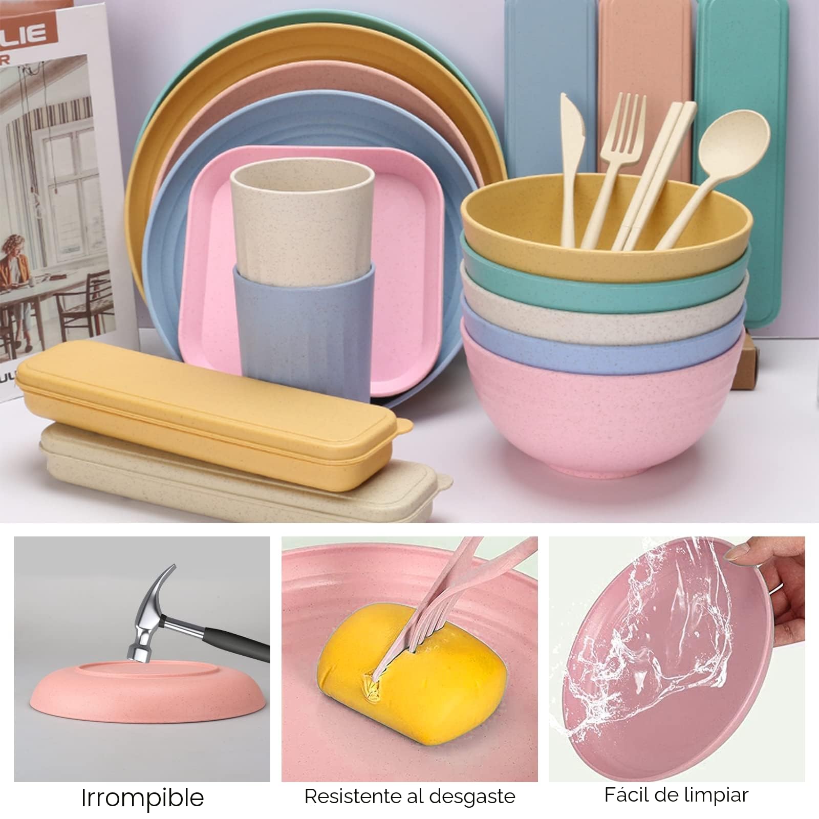 Juego de vajilla irrompible de 62 Piezas para 5 Personas, Juego de Platos y Cuencos de Camping, Juegos de Cena de Picnic Ligeros, Coloridos Platos de plástico para Barbacoa, Tazas, Cuencos, Juego de