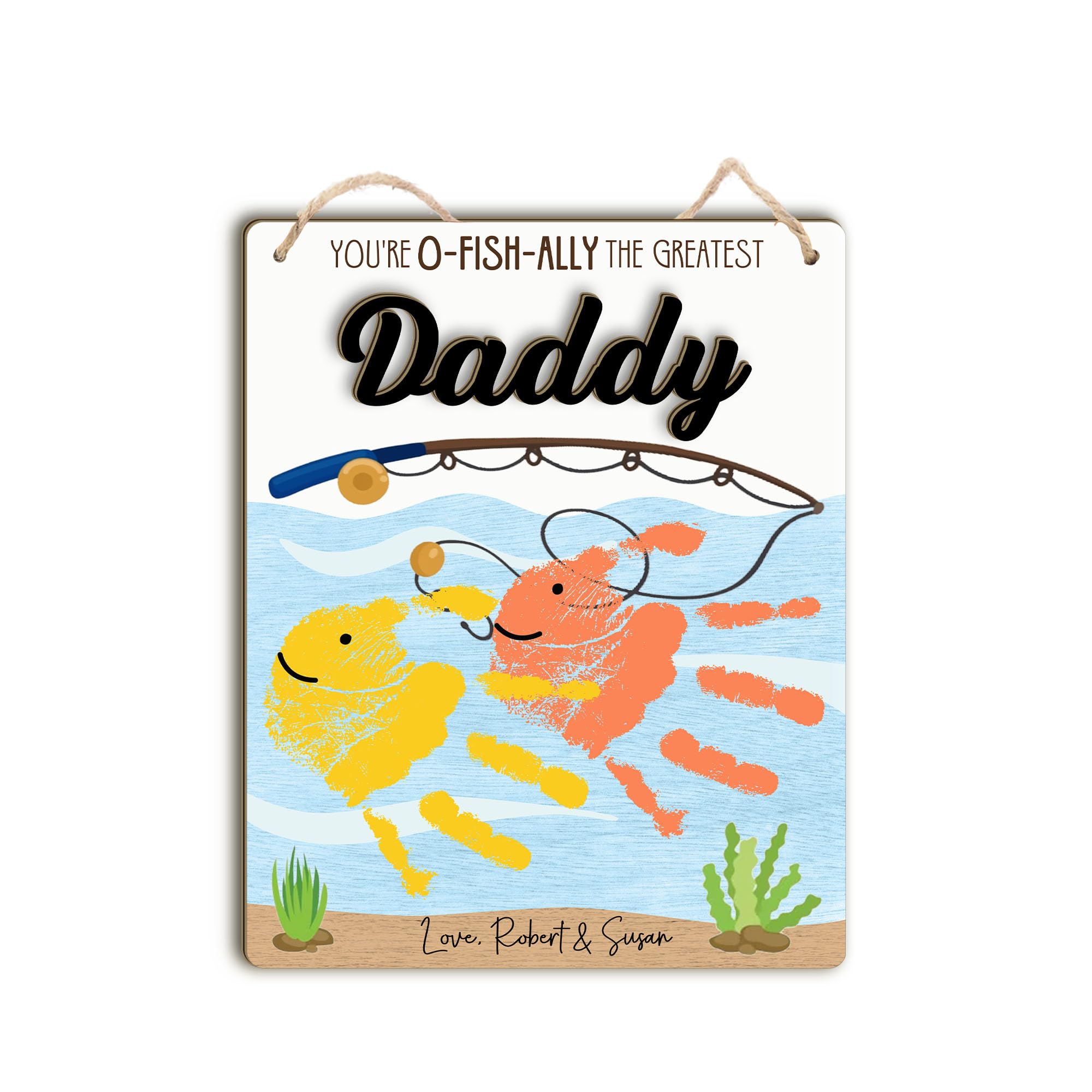 Custom DIY Baby Handprint Gift for Dad Gift for Fishing Daddy with Kids Handprint for Christmas Father's Day Baby's First Fathers Day Wood Hanging