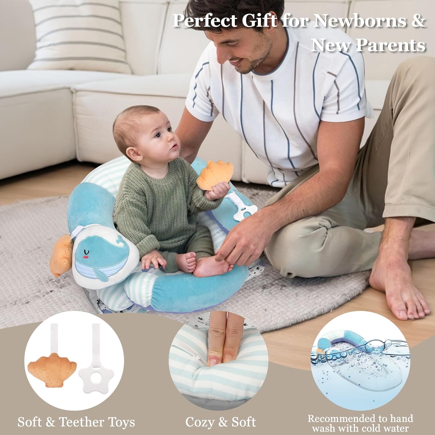 Foryoomi 4 in 1 Tummy Time Mat with Educational Cards, Play Mat & Sitting Support for Newborn 0-12 Months, Infant Baby Sit Me Up Floor Seat, Sensory Skills Gifts, Blue Whale