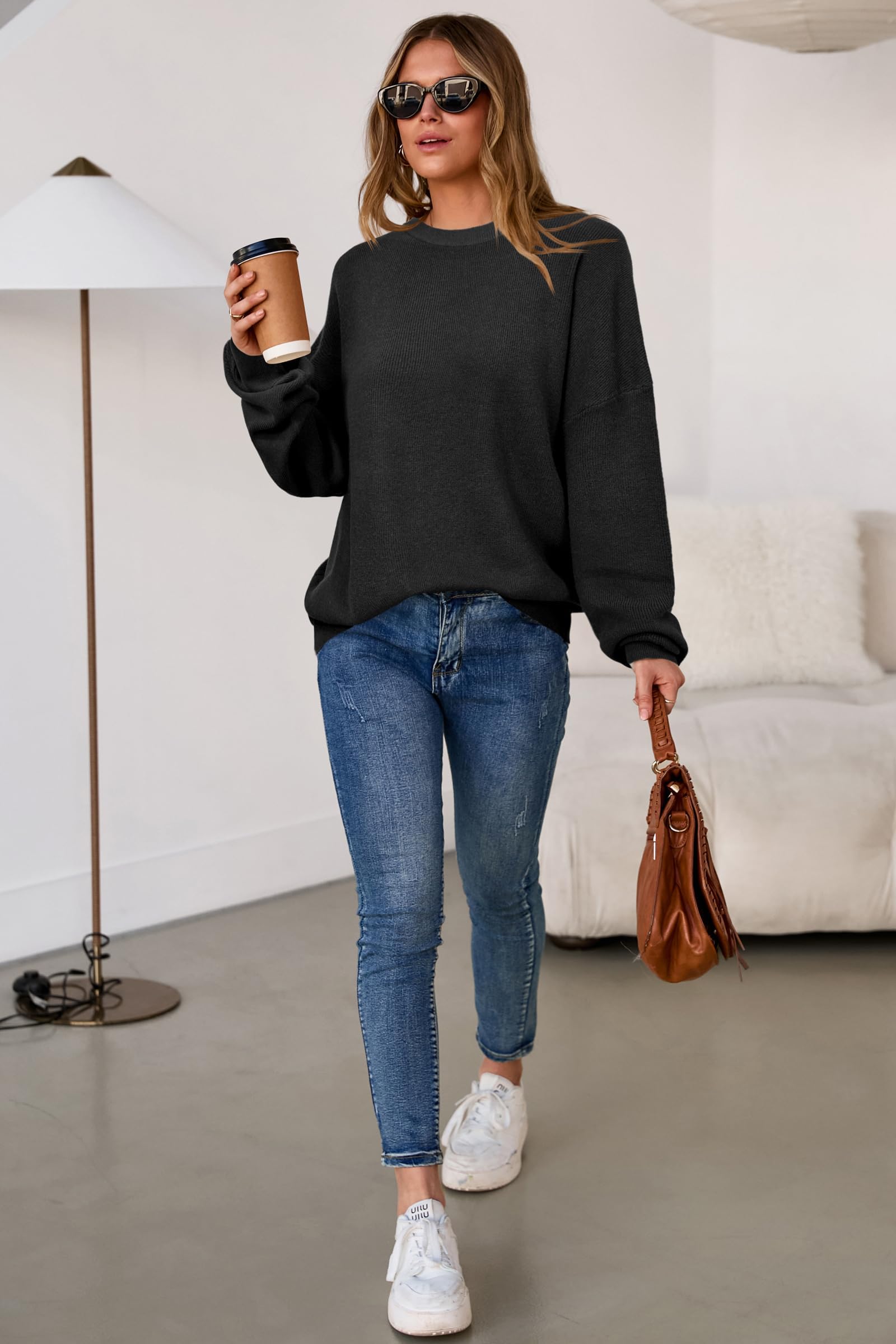 Arach&Cloz Pull Femme Oversize en Laine mélangée pour Collection Automne Hiver col Rond Manches Longues