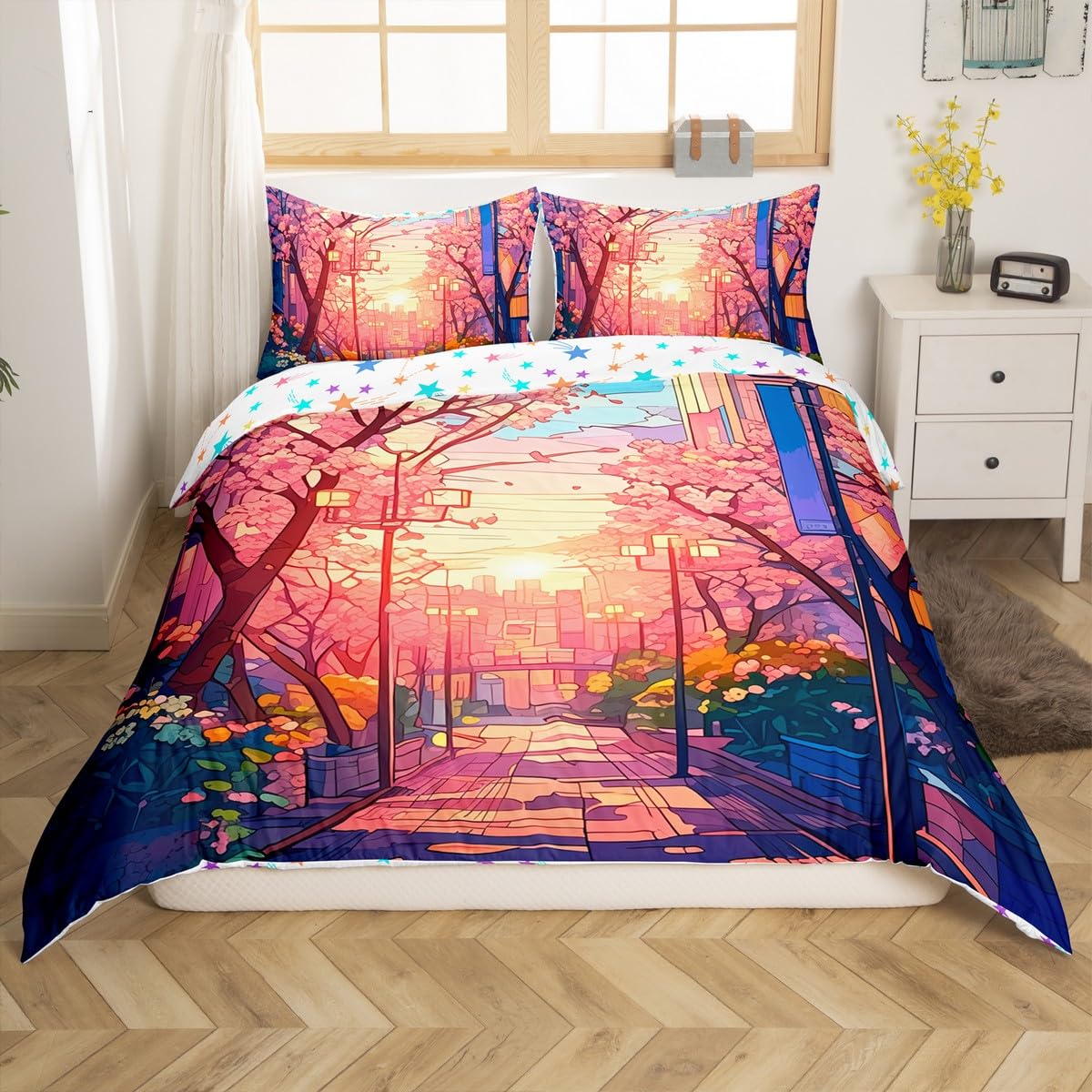 Homemissing Japanese Ukiyoe Duvet Cover Set Single Size For Kids Adults Girls Women Cherry Blossoms Bedding Set Japanese-Style Comforter Cover with 1 Pillowcase Pink Flowers Landscape Bed Sets — image 1
