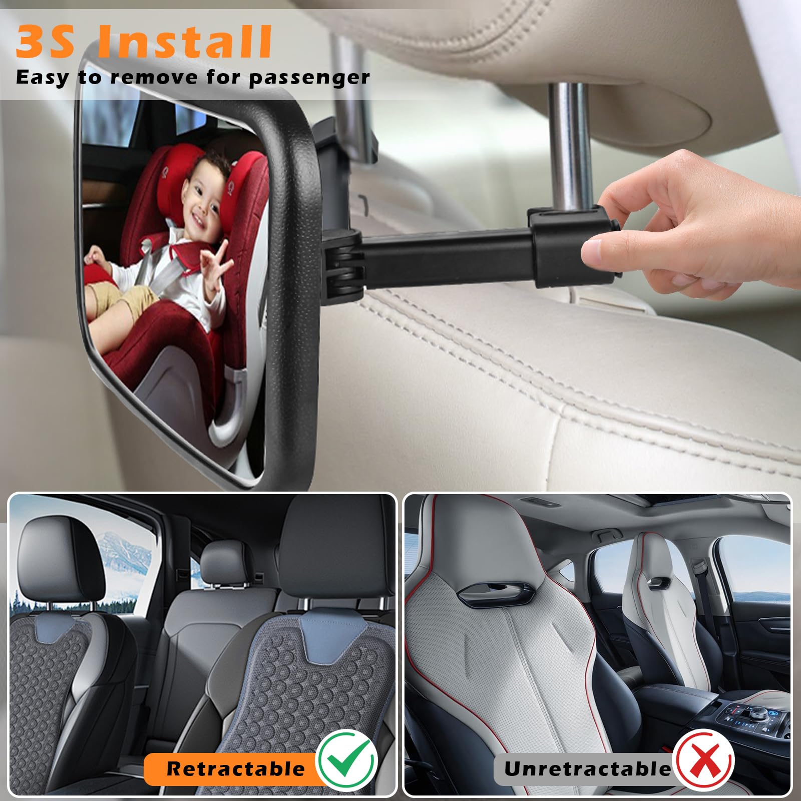 Espejo de coche para bebé con luz, espejo recargable para bebé con control remoto, visión clara, rotación de 360°, espejo trasero para asiento de coche, resistente a golpes y roturas