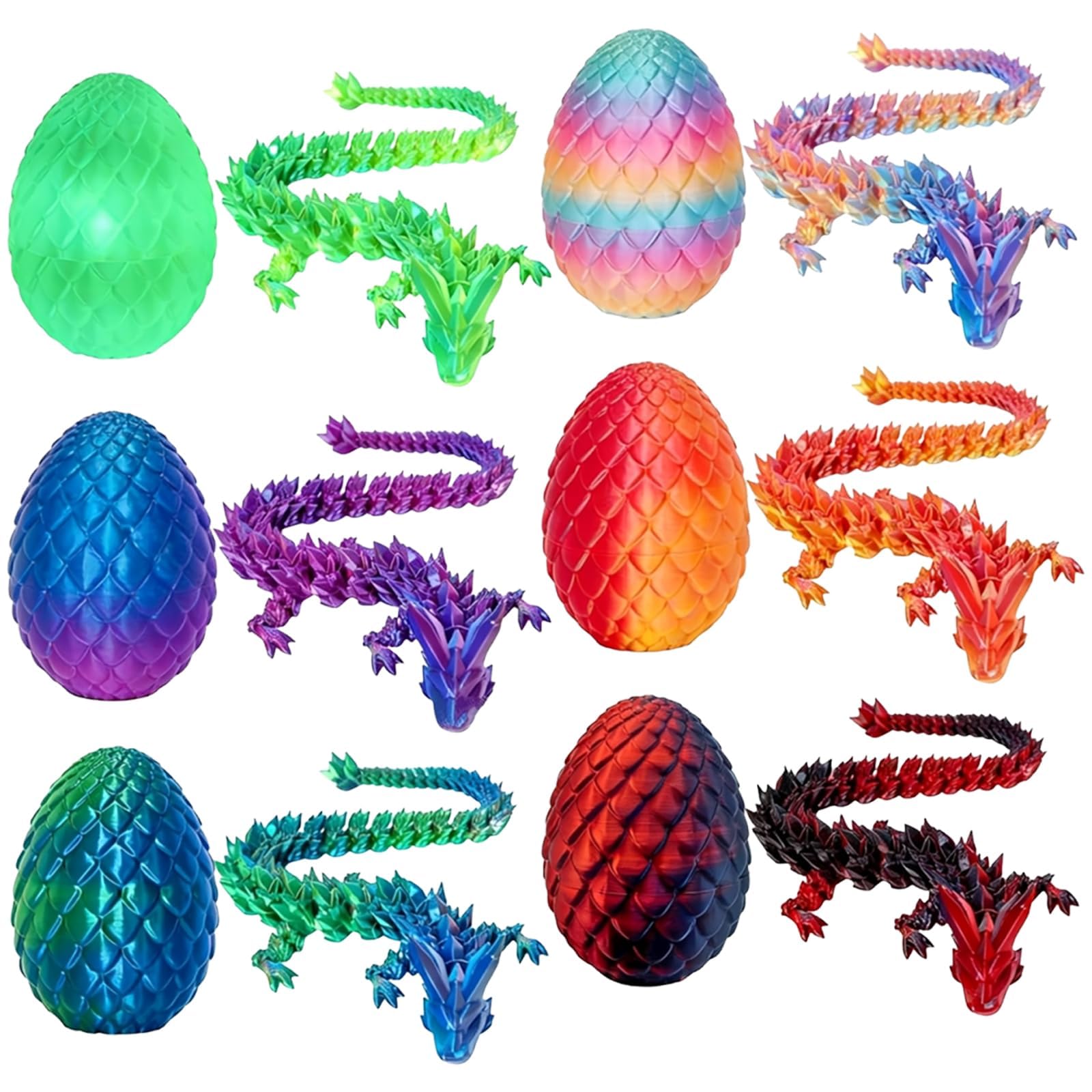 3D Printed Dragon Eggs with Dragon Inside, Six Pack Fantasy Fidget Toys, Articulated Dragon Egg Collection for Home Decor and Stress Relief, Red Blue Green Gold Rainbow Black Red Colour Combinations