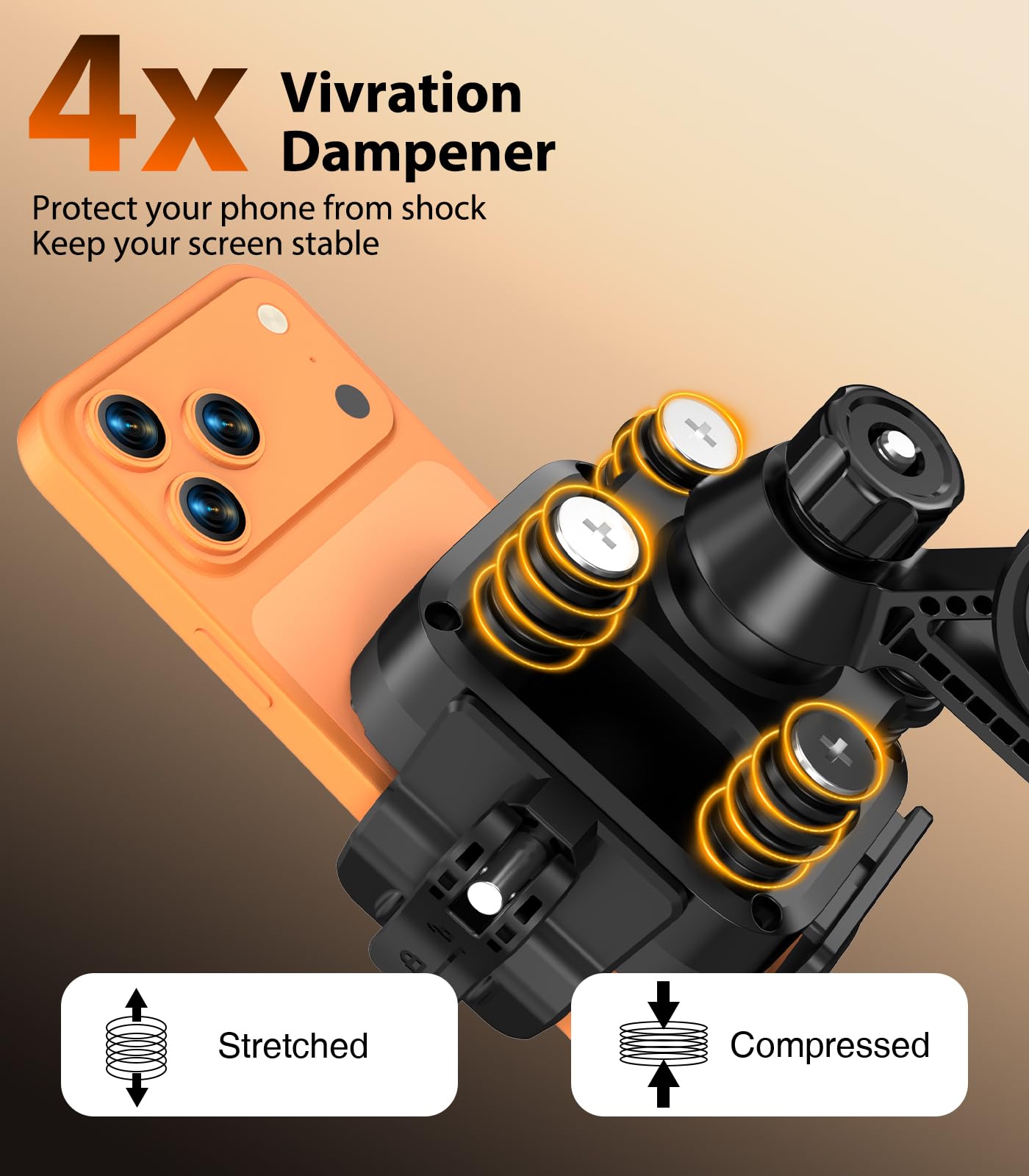 Support de téléphone pour vélo, moto, 4 amortisseurs de vibration, compatible avec l'appareil photo, support de téléphone pour vélo, scooter, VTT, poussette, taille réglable pour téléphone de