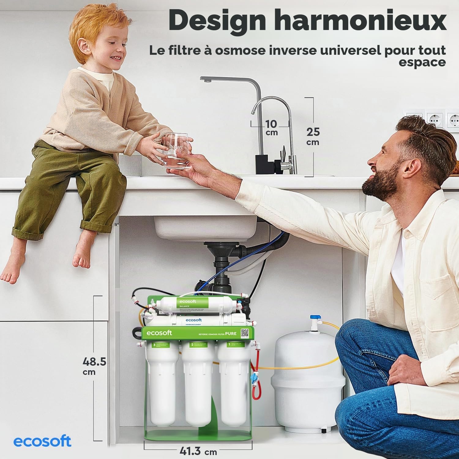 Ecosoft P’URE Balance avec pompe | filtre à osmose inverse directe | 5 étapes de filtration | filtration sur châssis métallique | système d’eau potable pour maison | enrichi en minéraux