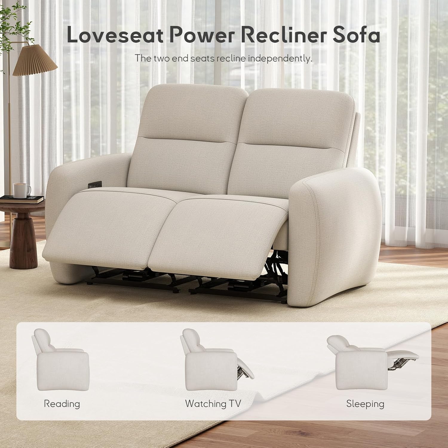 Bonzy Home Power Recliner Loveseat Sofa, Overstuffed Reclining Couch with USB and Type-c Charge Ports, Recliner Love Seat Couches for Living Room, Home Theater, RV (Beige, Fabric)