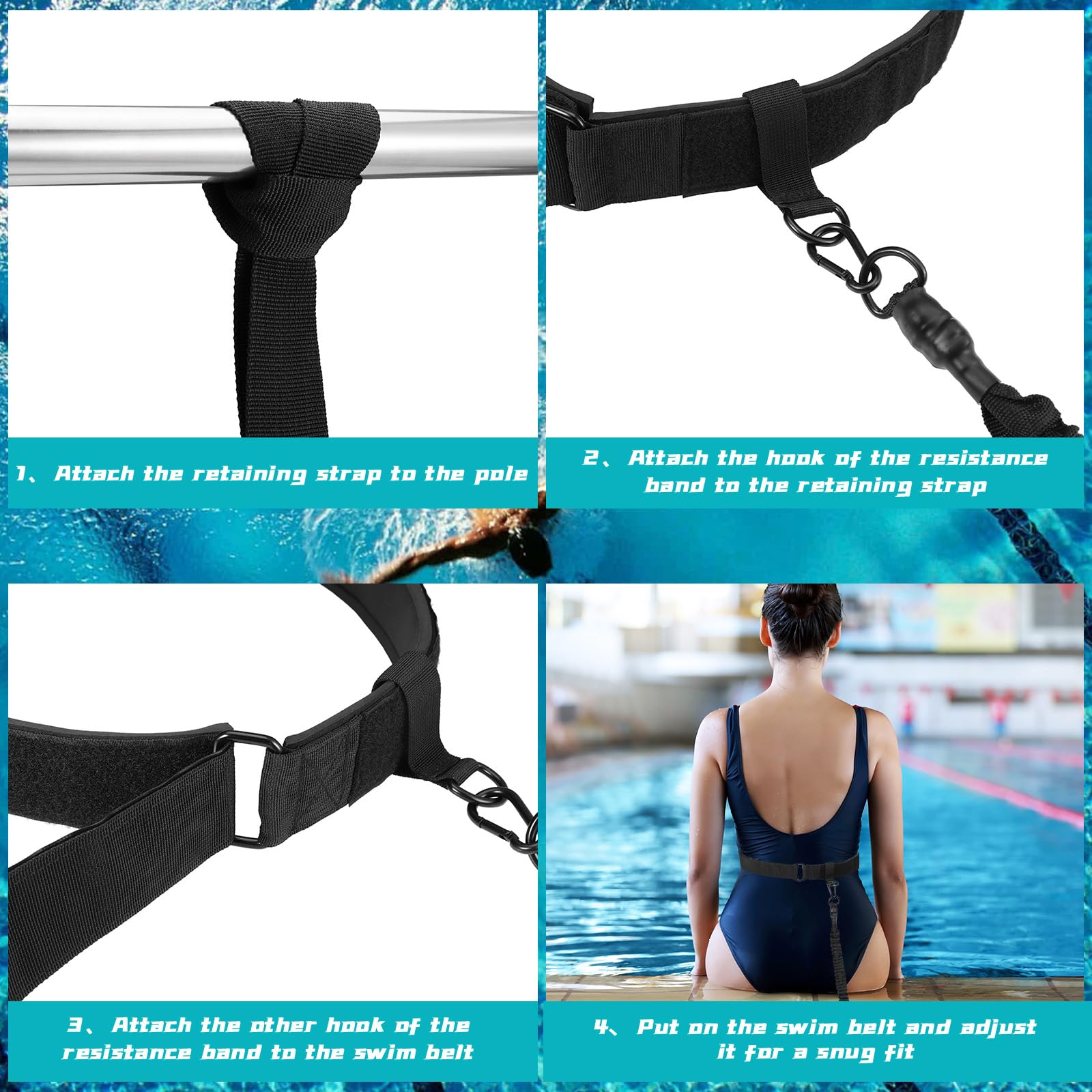 Zocipro Cintura da Nuoto per Piscina, Cintura di Resistenza Regolabile 2.5-7.5M, Cintura per Allenamento Nuoto per Tutti i Nuotatori, Accessorio di Nuoto per Tutte le Piscine