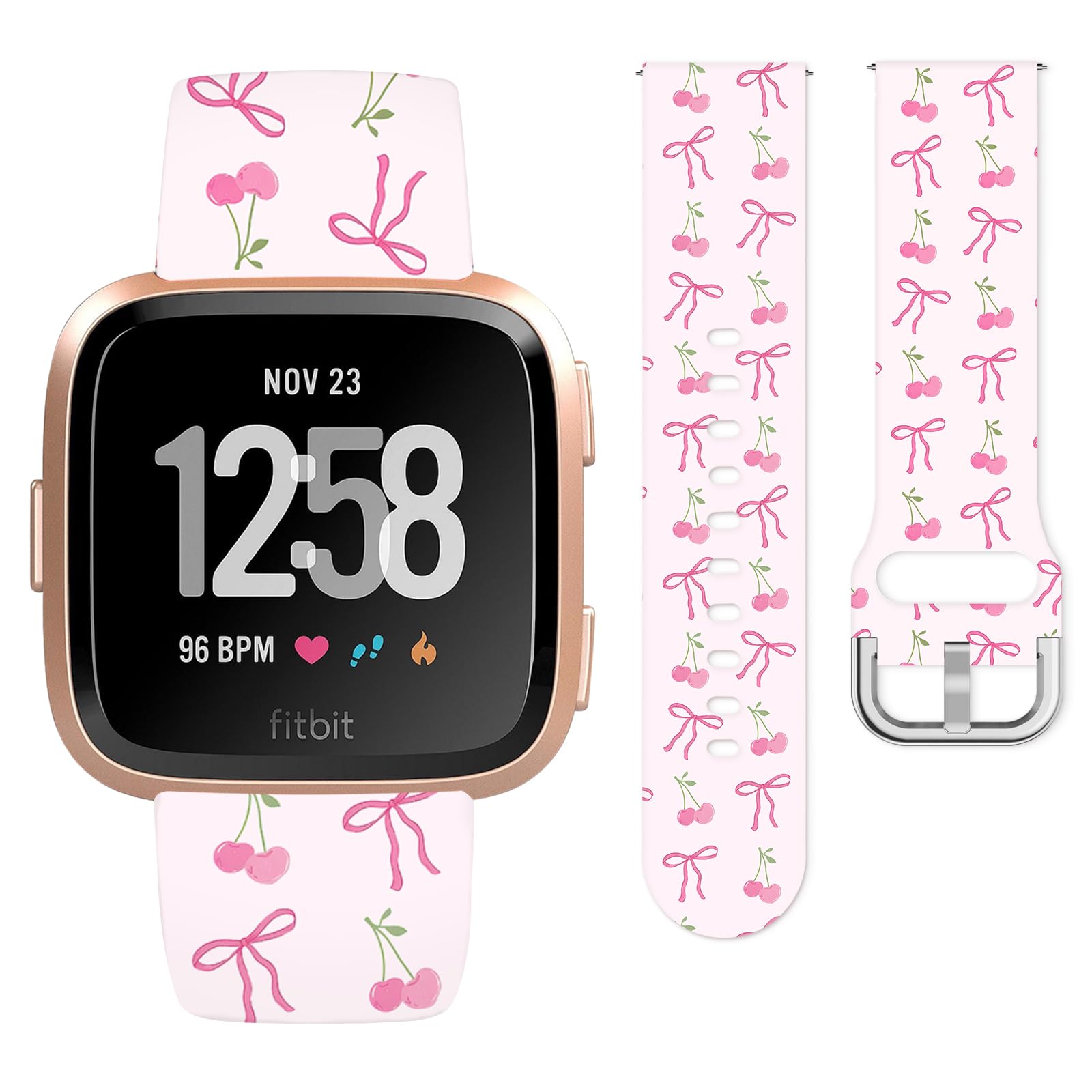Vozehui Bow Cherry Silicone Straps for Fitbit Versa/Versa 2/Versa Lite, Cute Soft Unique Printing Technology, Waterproof Durable Adjustable Easy Install Replacement Band for Women Girls
