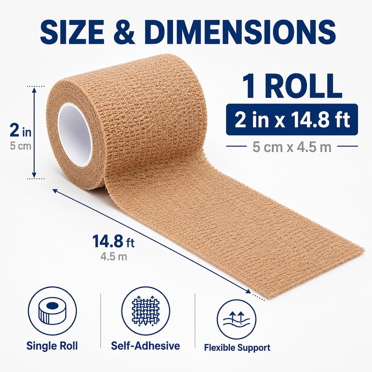 Self-Adhering Elastic Bandage, Skin Tone, Non-Woven, 5cm x 4.5m, for Wrist, Ankle, Knee, Elbow Support