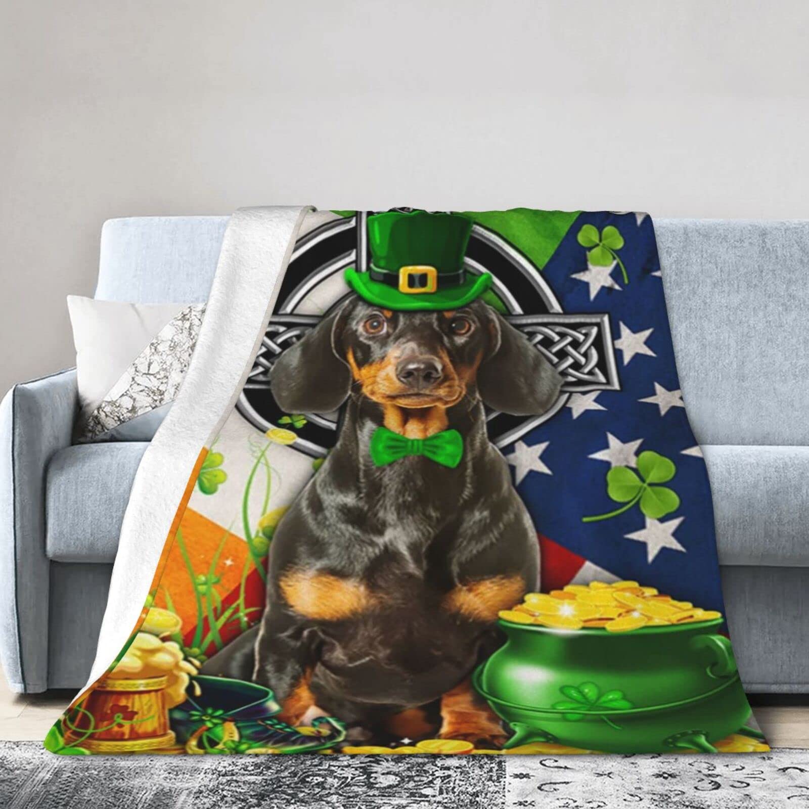Lsjuee Flannel Fleece Blanket 80"X60" Saint Patrick‘s Day Dachshund Sofa Throw Blanket Funny Ultra-Soft Travel Spring Blankets for Couple Keep Warm