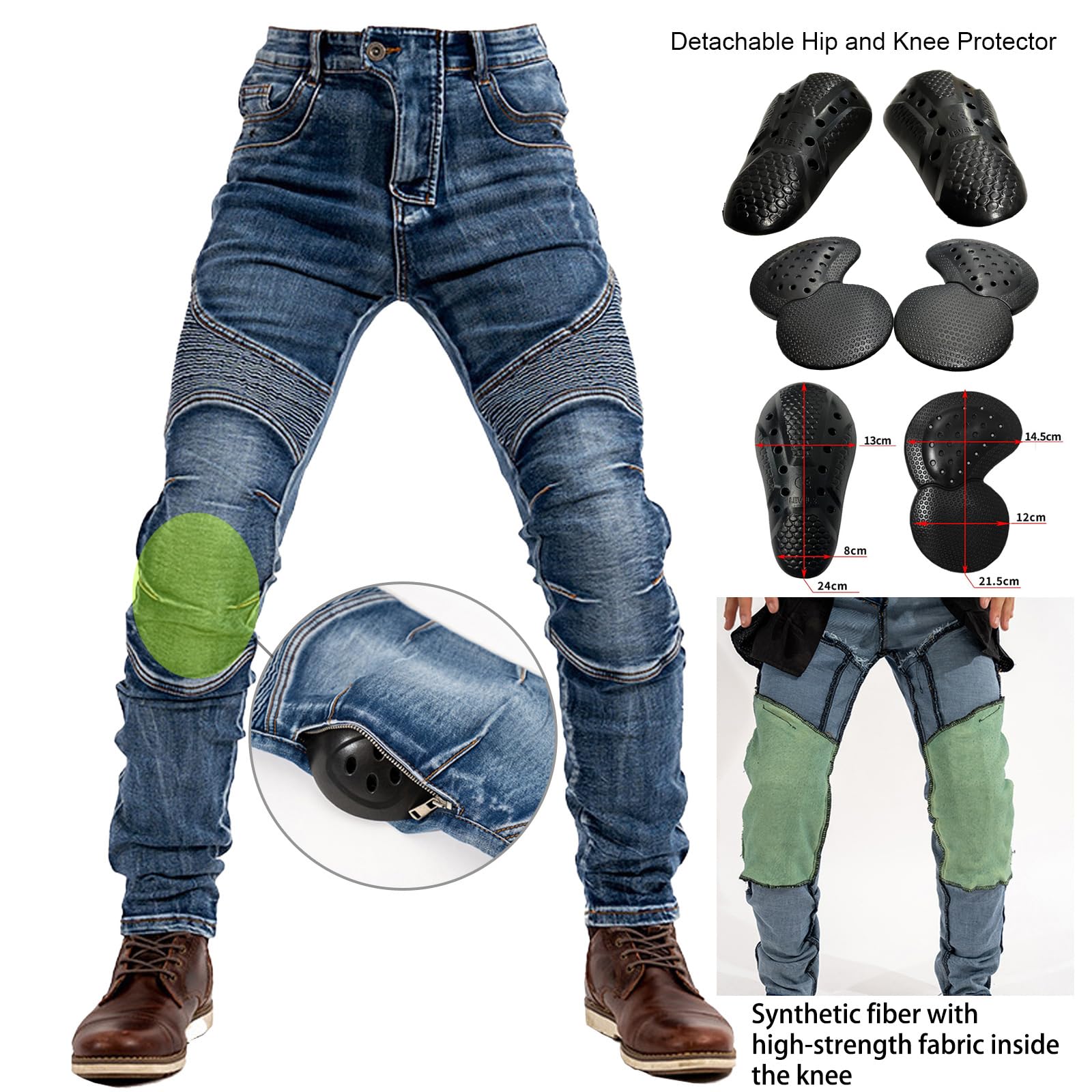 Herren Motorradhose Motorrad Reiten Schutzhose Denim Jeans Reißfester Stretch Vintage Jeanshose mit Abnehmbar Rüstung Knie-Hüftpolster