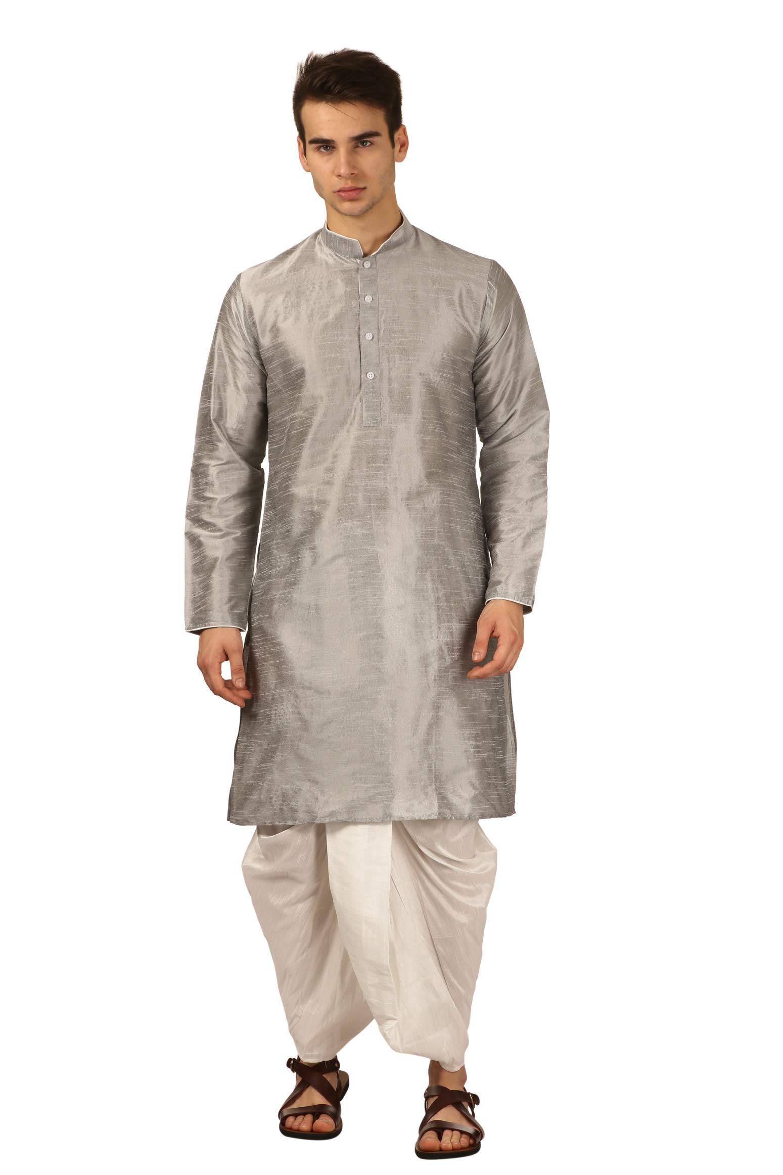 royal kurta Men's Regular Fit Silk Blend Dhoti Kurta Set (Silver)-picture-18