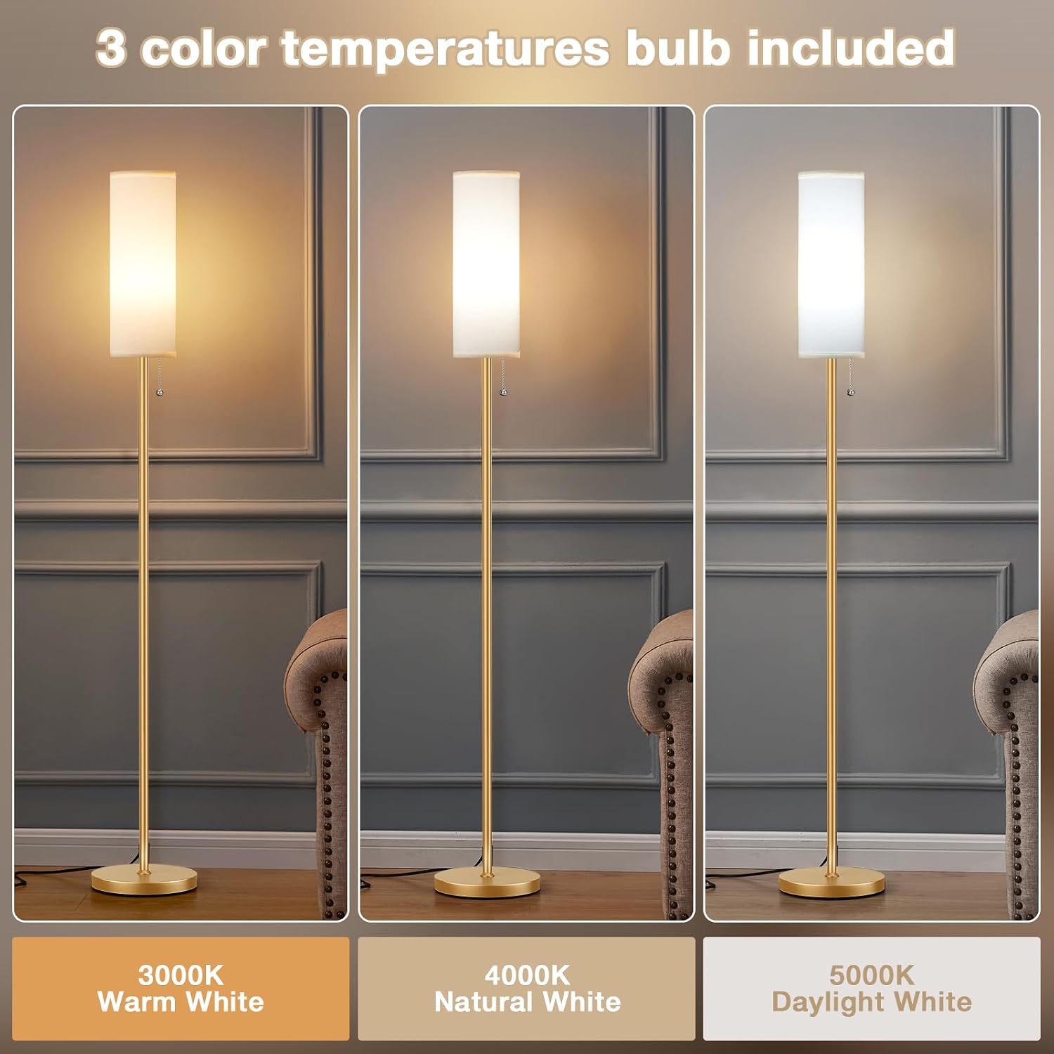 Floor Lamp with 3 Color Temperatures Bulb, 64" Standing lamp with Linen lampshade for Bedroom, Minimalist Pole Lamp, White Shade & Gold Pole thumbnail