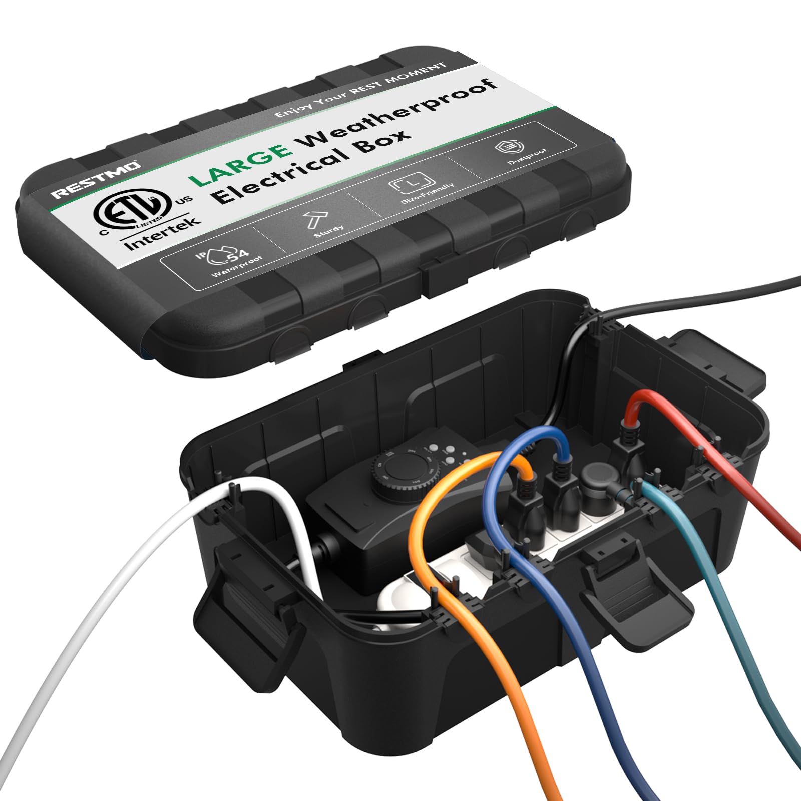 RESTMO Extra Large Waterproof Electrical Box (12.6×8.7×5.1 in), IP54 Weatherproof Outdoor Outlet Cover, Protect Outlet, Plug, Timer, Power Strip (Not Included), Holiday Light Decoration, Black