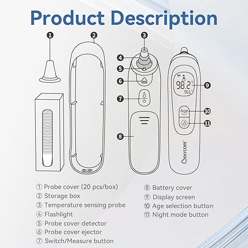 Miniatura 7 de Berrcom Termómetro digital de oído con punta térmica, lectura precisa de 1 segundo para todas las edades, alarma de fiebre con silencio y luz