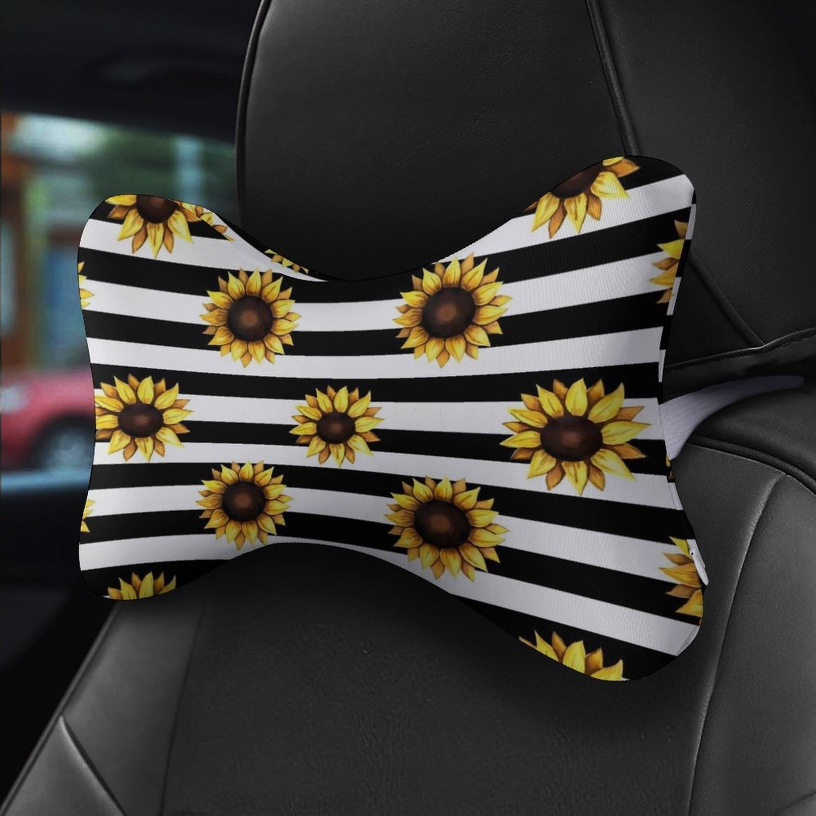 SMAZDFXX Sunflower Black White Stripes Car Neck Pillow Set of 2 Car Seat Head Support Cushion Bone Pillows with Elastic Strap