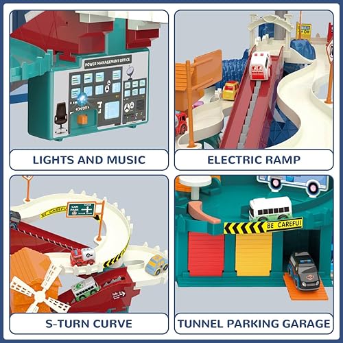 Miniatura 3 de Losbenco Juguete de aventura de estacionamiento de coches con ascensores para niños pequeños, juegos de vehículos con 16 mini autos, 6 figuras de