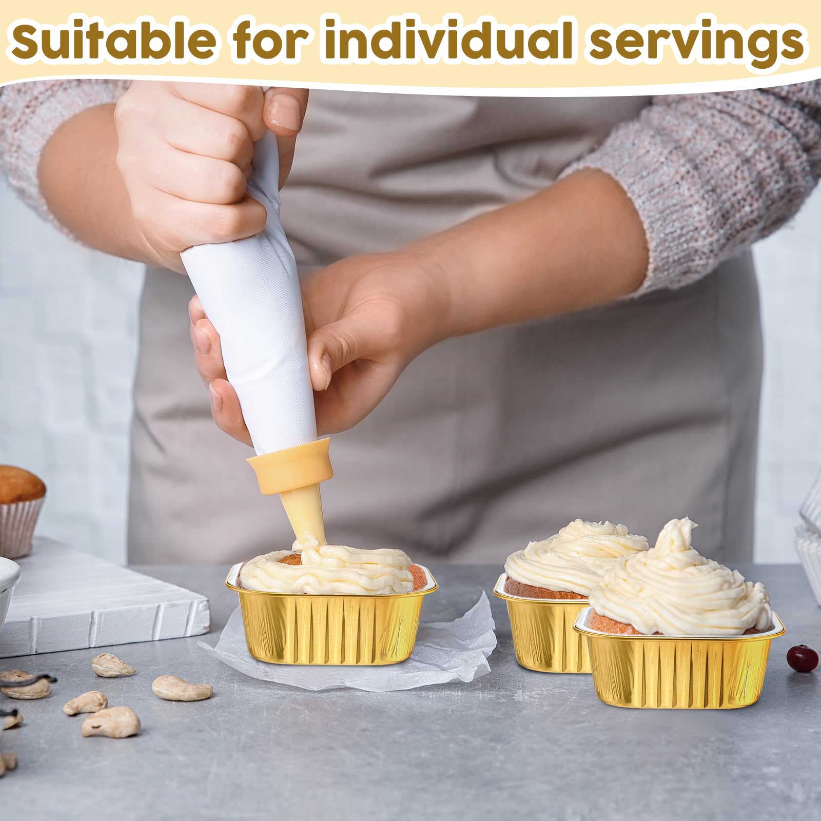 150 tazas de papel de aluminio de 10 onzas con tapas, tazas cuadradas para hornear, moldes desechables para hornear, moldes para cupcakes, para alimentos, brownie, pudín, postres, hornear, cocina,