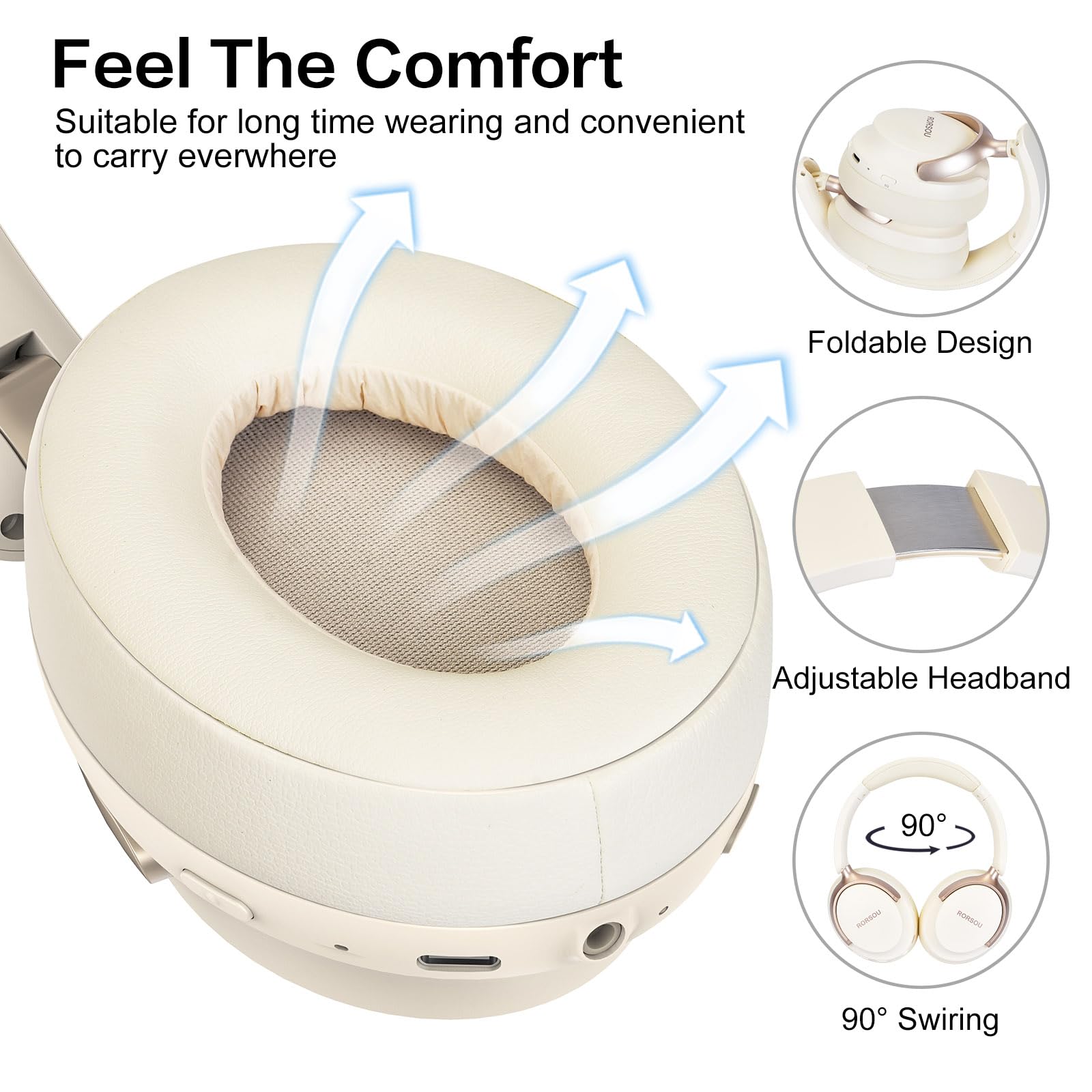 RORSOU B8 Cuffie Bluetooth su orecchio, 6 EQ modalità musicale e cuffie basse basse profonde da 50 ore con microfono, leggero Stereo pieghevole HiFi beige bianco