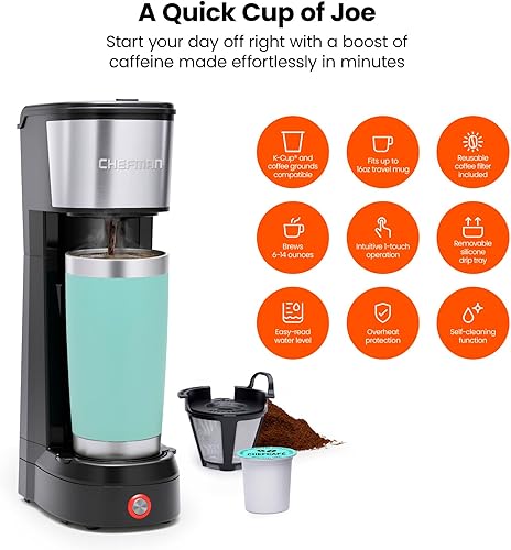 Miniatura 10 de CHEFMAN Cafetera de una sola porción, cafetera K Cup compatible con cápsulas K-Cup y café molido, cafetera de goteo de 6 a 12 onzas, depósito de