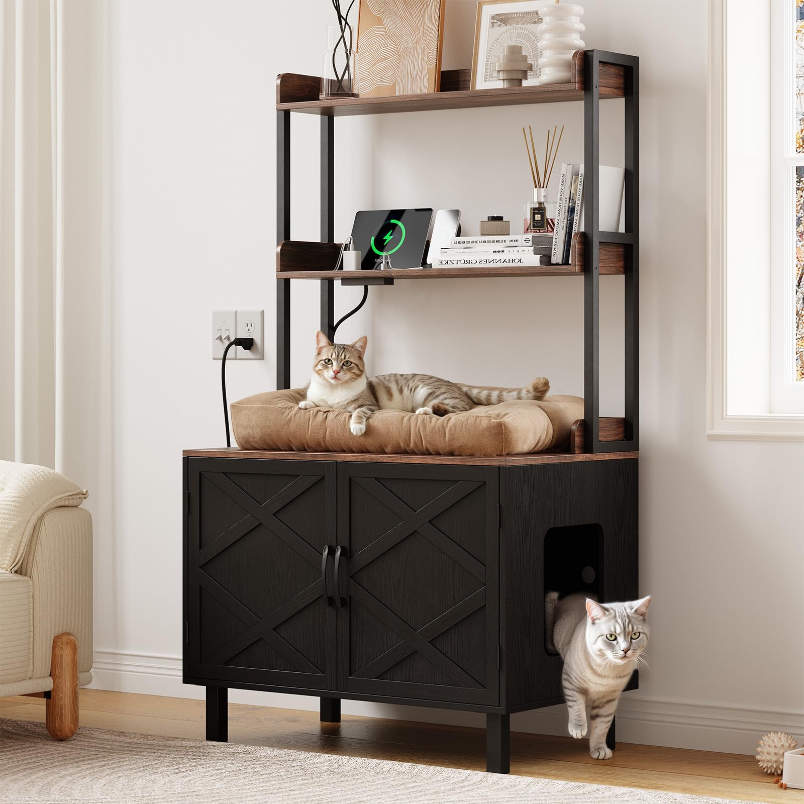 ONBRILL 55 Inches Cat Litter Box Enclosure, Hidden Litter Box Furniture with 2 Storage Shelves and Charging Sockets, Wooden Cat House, Large Indoor Cabinet for Living Room & Entryway, Black