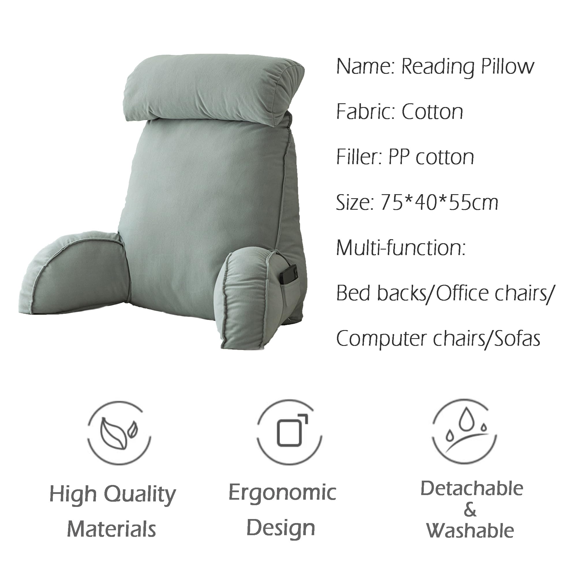 XANAYXWJ Cuscino da Lettura Grigio per Divano Letto Cuscino per bracciolo Schienale con Supporto Lombare 75x40x55 cm ergonomico per Comfort e Relax